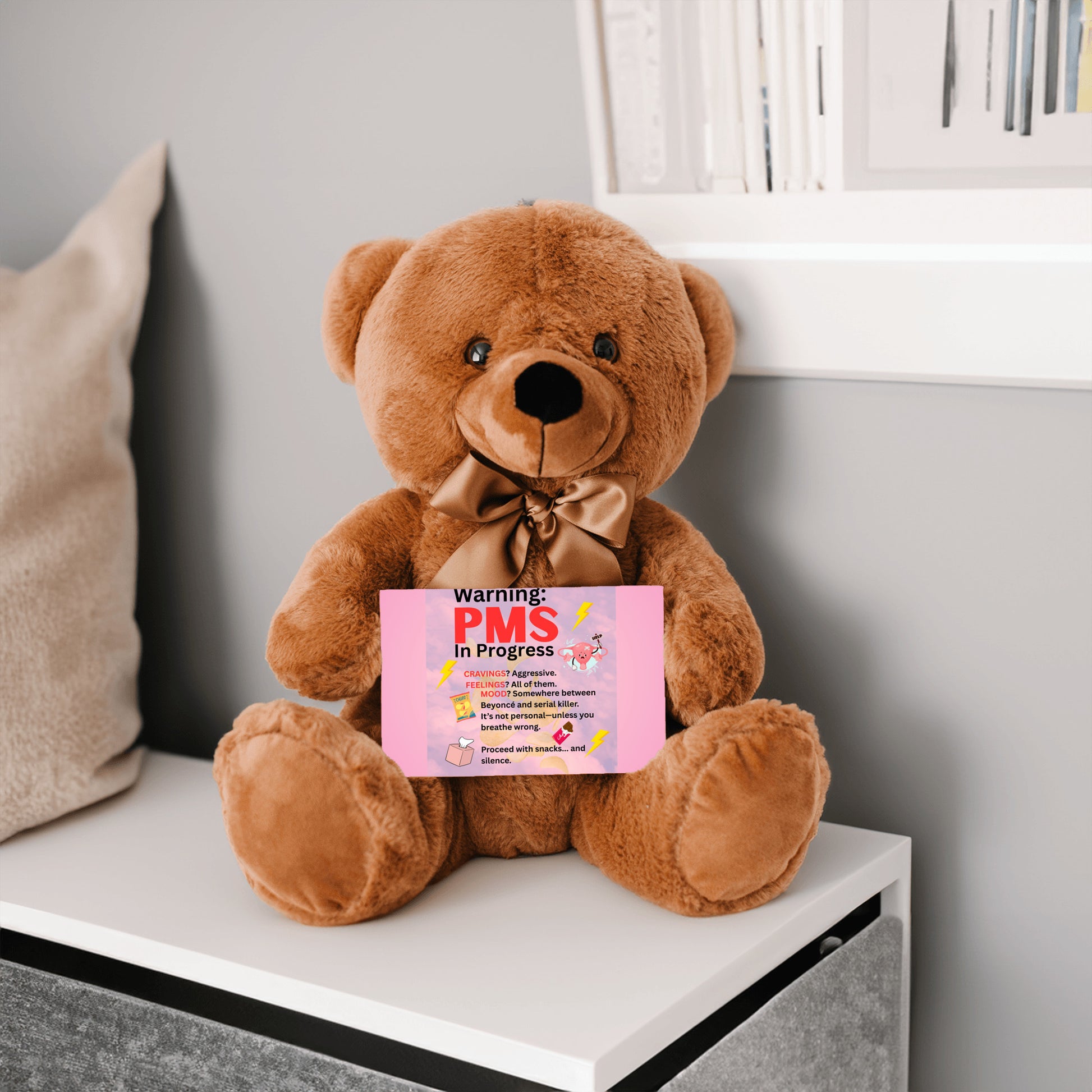 Bold comic-style PMS warning card with a pink storm background, cartoon icons like thunderclouds, chocolate bars, and explosive emojis, delivering a humorous and edgy message.