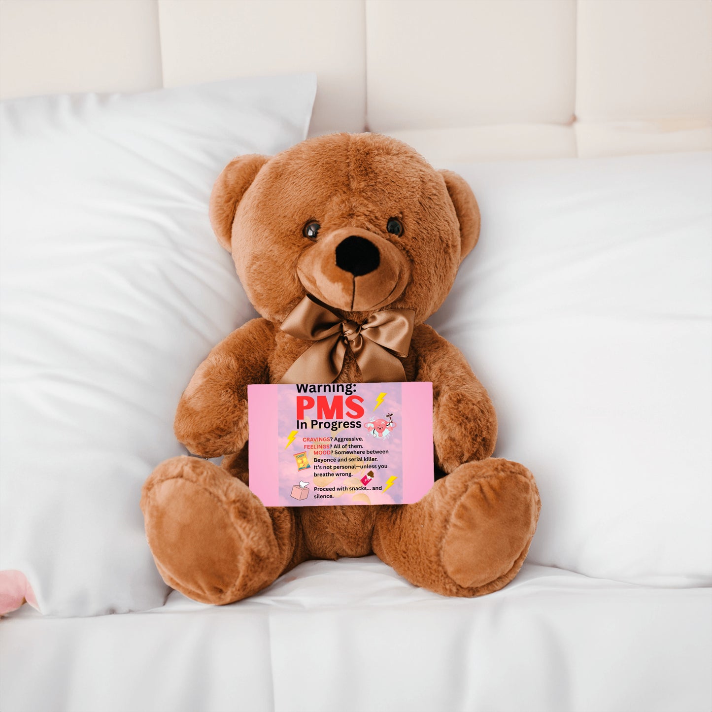 Bold comic-style PMS warning card with a pink storm background, cartoon icons like thunderclouds, chocolate bars, and explosive emojis, delivering a humorous and edgy message.