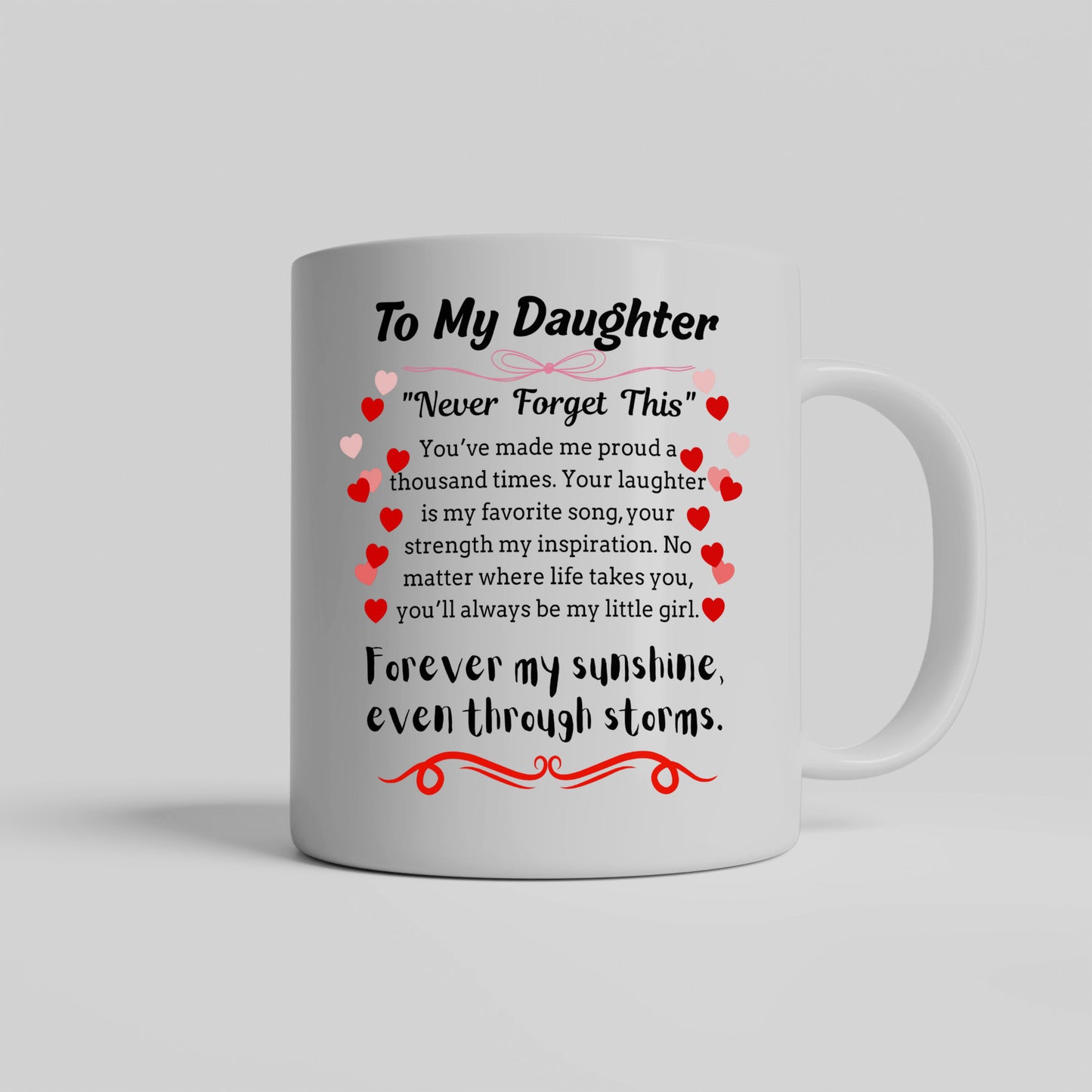 Inspirational poem plaque titled "To My Daughter – My Brightest Light" with floral and playful cartoon elements and a loving message.