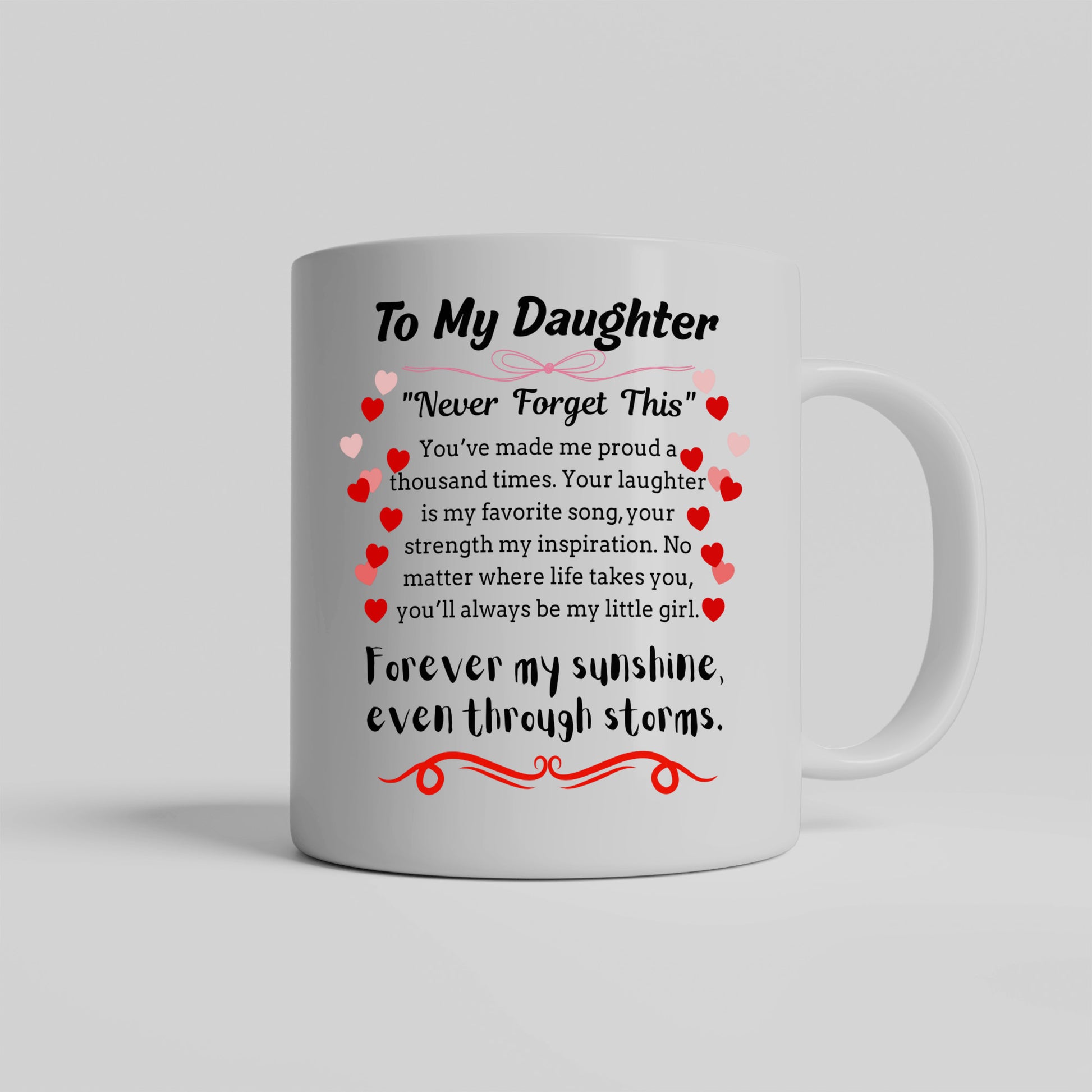 Inspirational poem plaque titled "To My Daughter – My Brightest Light" with floral and playful cartoon elements and a loving message.
