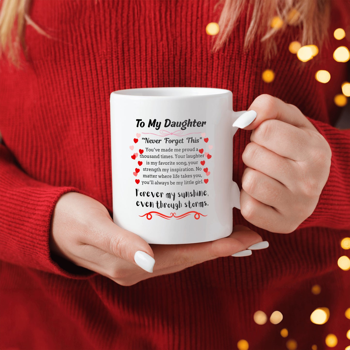 Inspirational poem plaque titled "To My Daughter – My Brightest Light" with floral and playful cartoon elements and a loving message.