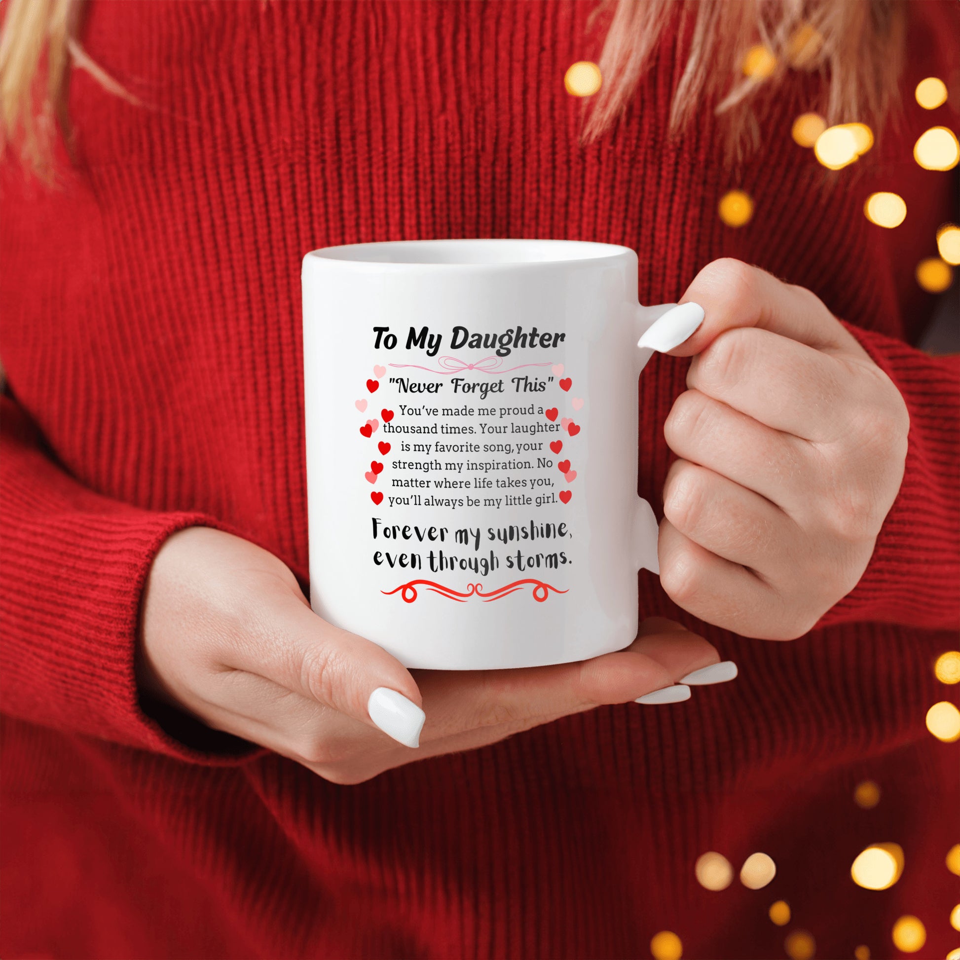 Inspirational poem plaque titled "To My Daughter – My Brightest Light" with floral and playful cartoon elements and a loving message.
