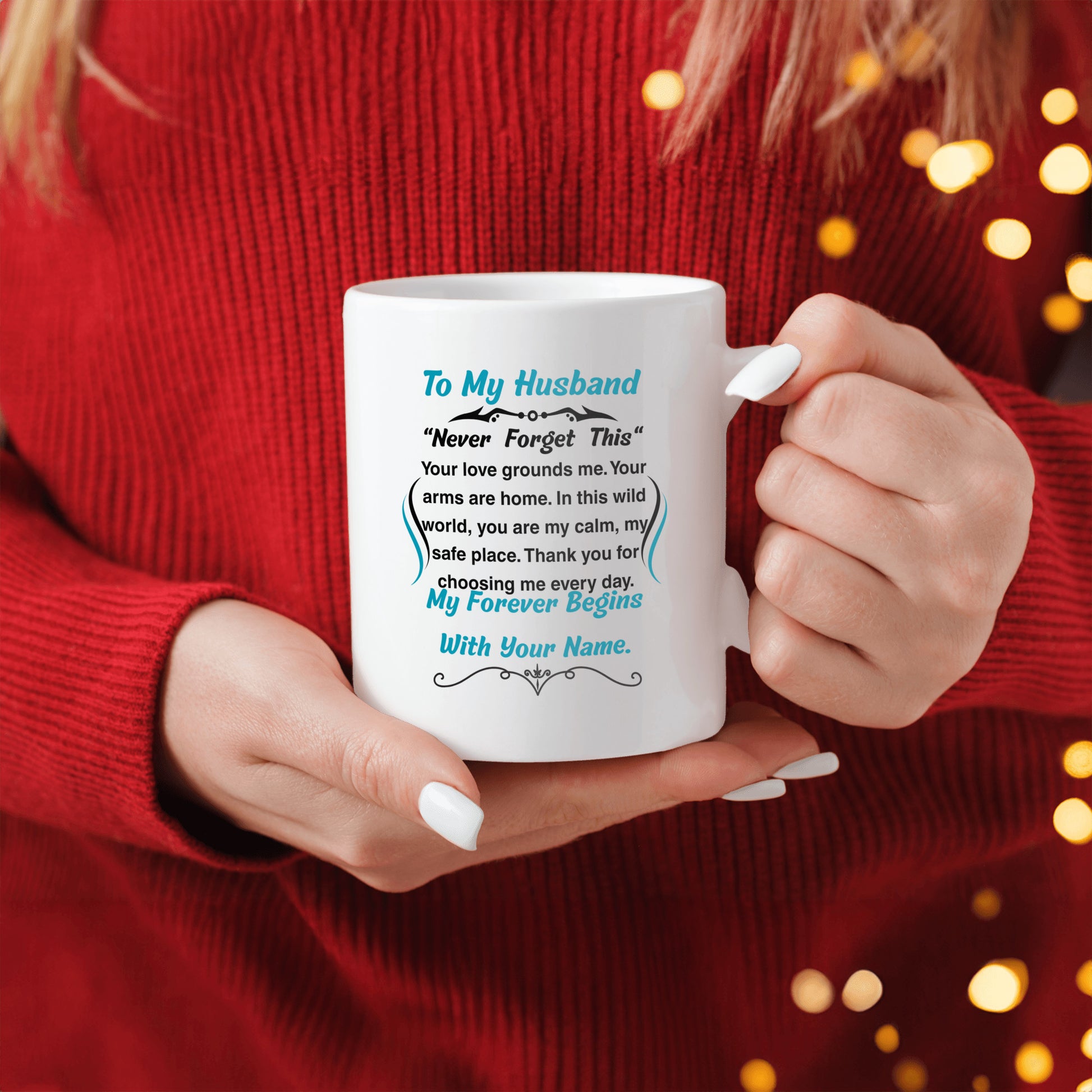 Romantic message plaque titled "To My Husband – My Steady Heartbeat" with a loving short poem and bold design style.