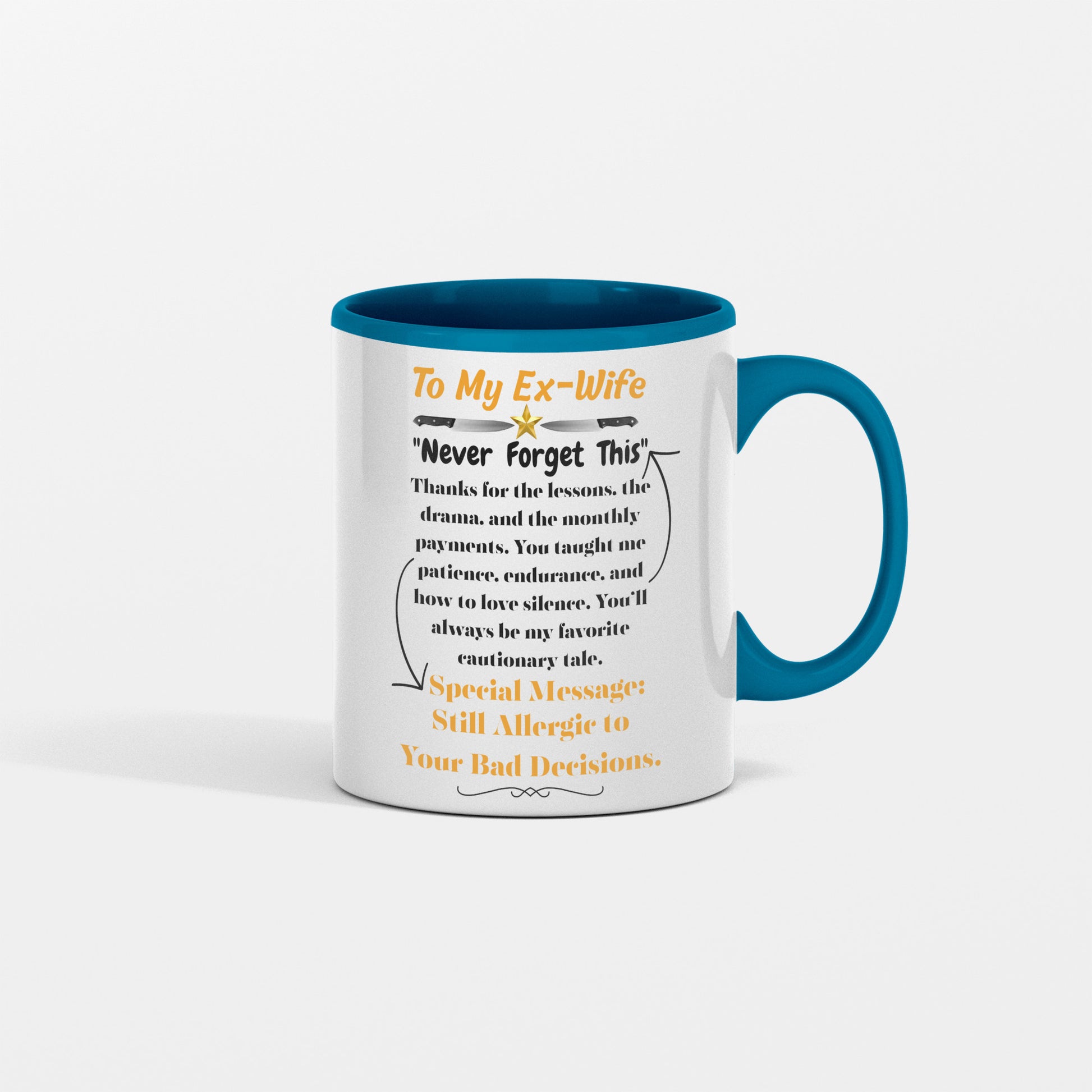 Funny white ceramic mug that says "Thanks for the Drama, Debra. To My Ex-Wife" in bold text – ideal sarcastic breakup gift