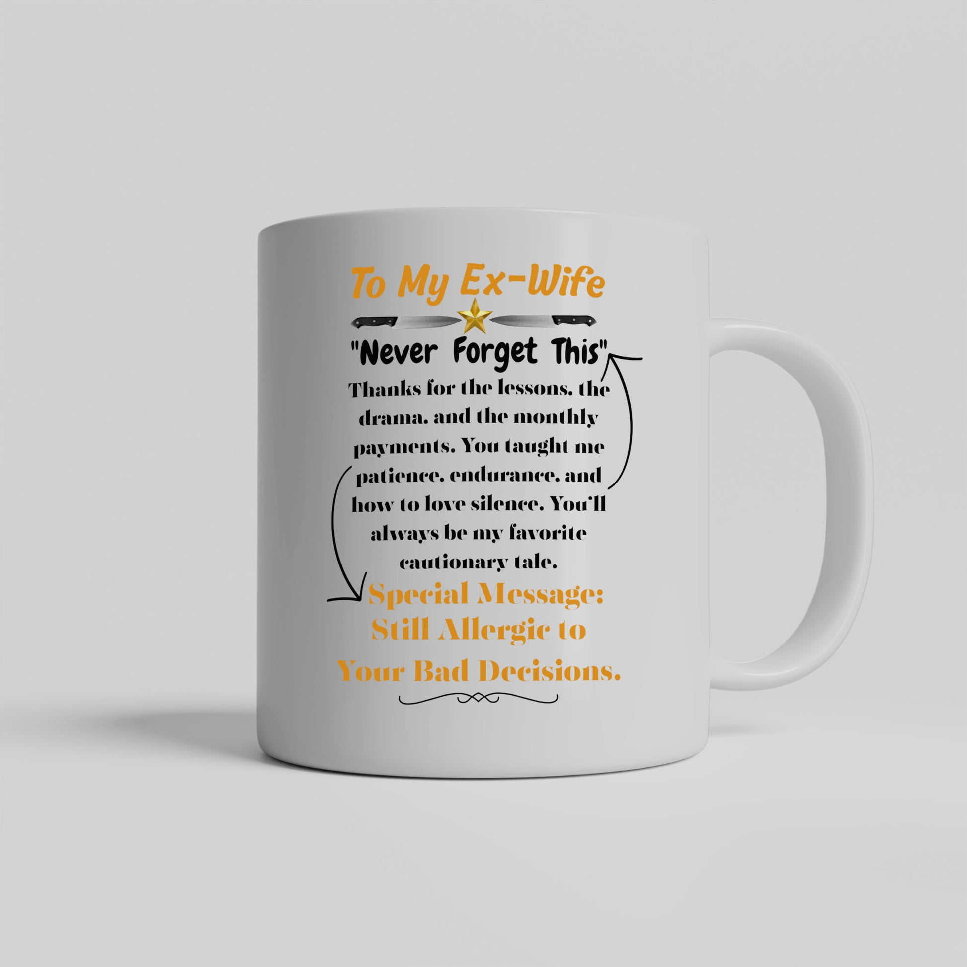Funny white ceramic mug that says "Thanks for the Drama, Debra. To My Ex-Wife" in bold text – ideal sarcastic breakup gift
