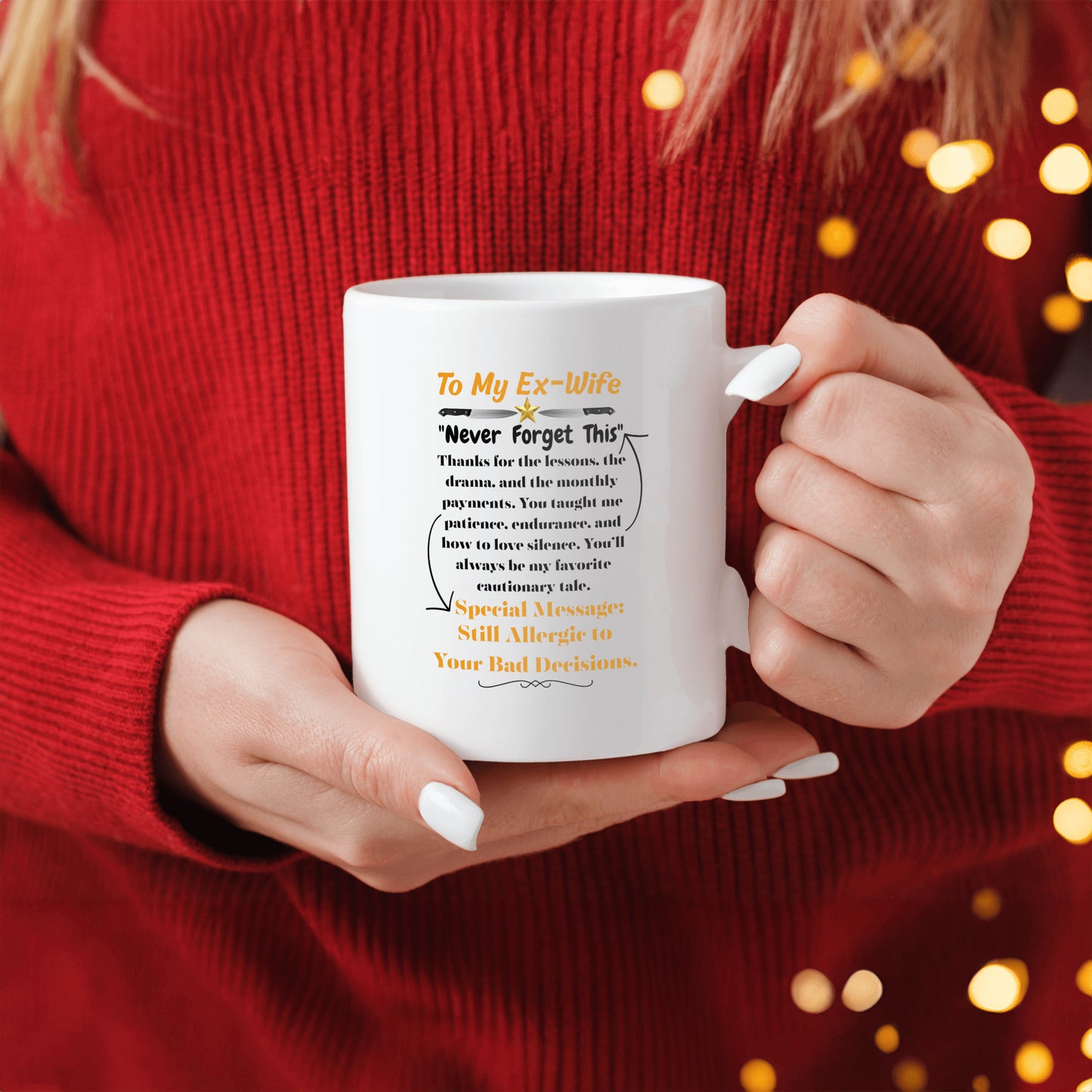 Funny white ceramic mug that says "Thanks for the Drama, Debra. To My Ex-Wife" in bold text – ideal sarcastic breakup gift