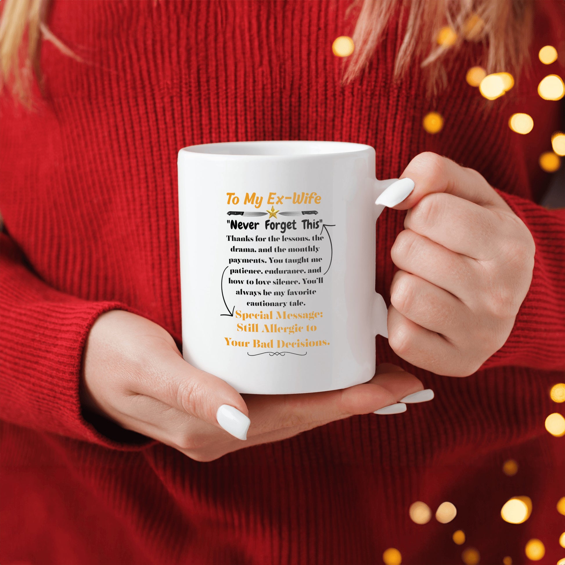 Funny white ceramic mug that says "Thanks for the Drama, Debra. To My Ex-Wife" in bold text – ideal sarcastic breakup gift
