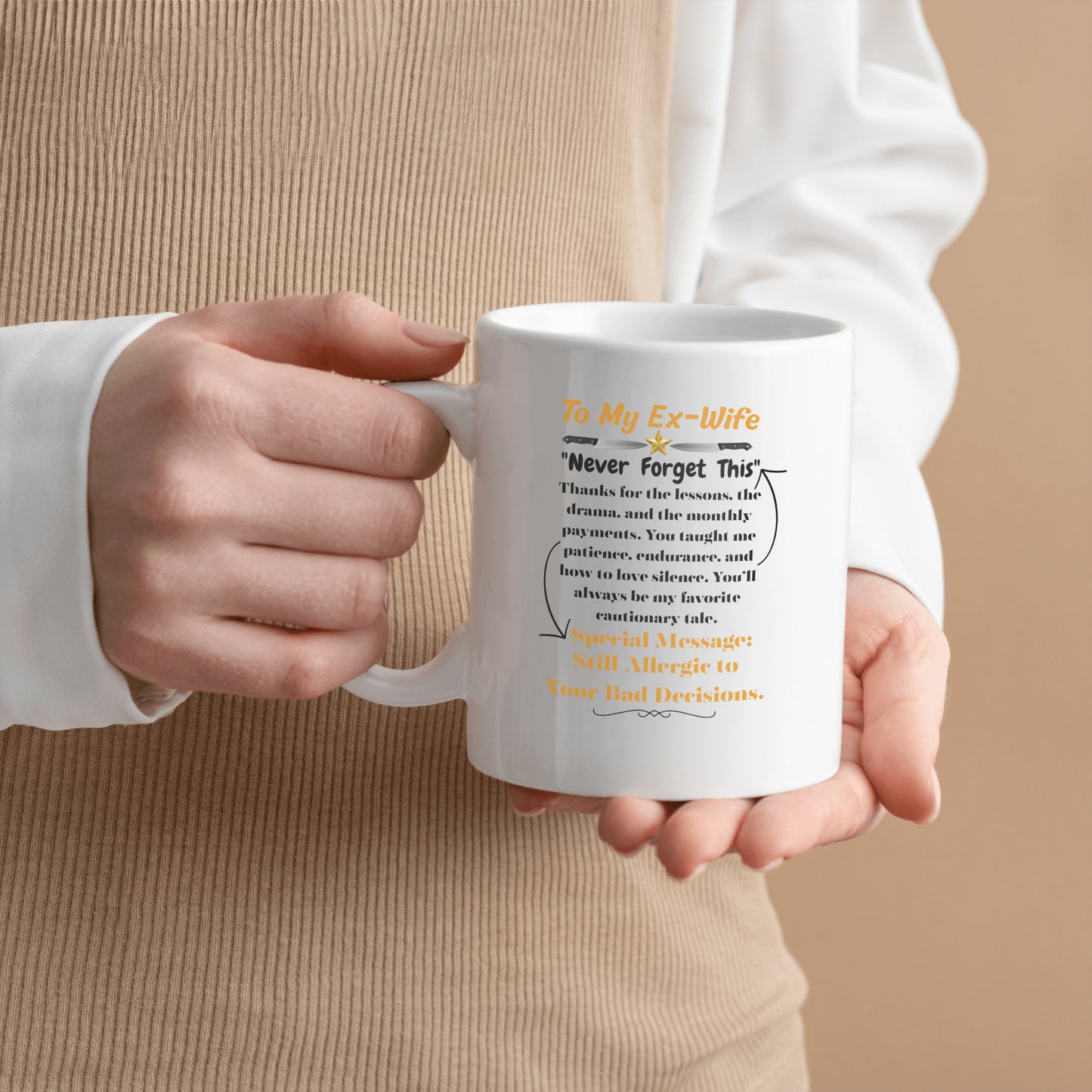 Funny white ceramic mug that says "Thanks for the Drama, Debra. To My Ex-Wife" in bold text – ideal sarcastic breakup gift