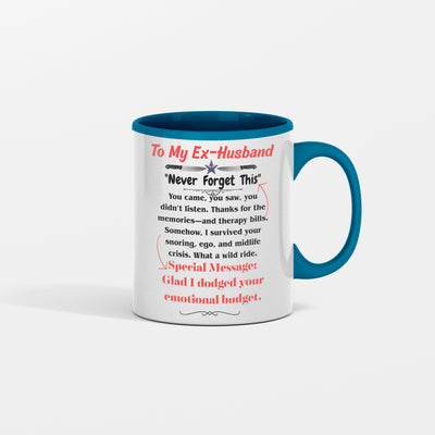 White ceramic mug with bold black text that reads “Should’ve Swiped Left – To My Ex-Husbands,” a funny and edgy gift for divorced women or best friends.