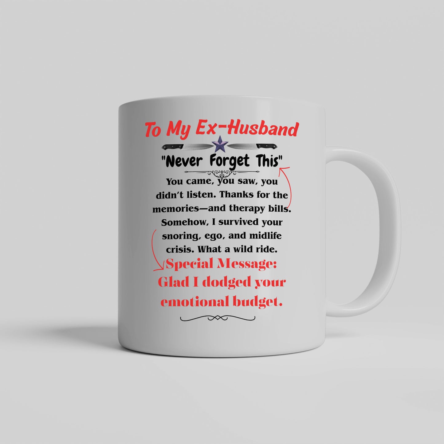 White ceramic mug with bold black text that reads “Should’ve Swiped Left – To My Ex-Husbands,” a funny and edgy gift for divorced women or best friends.