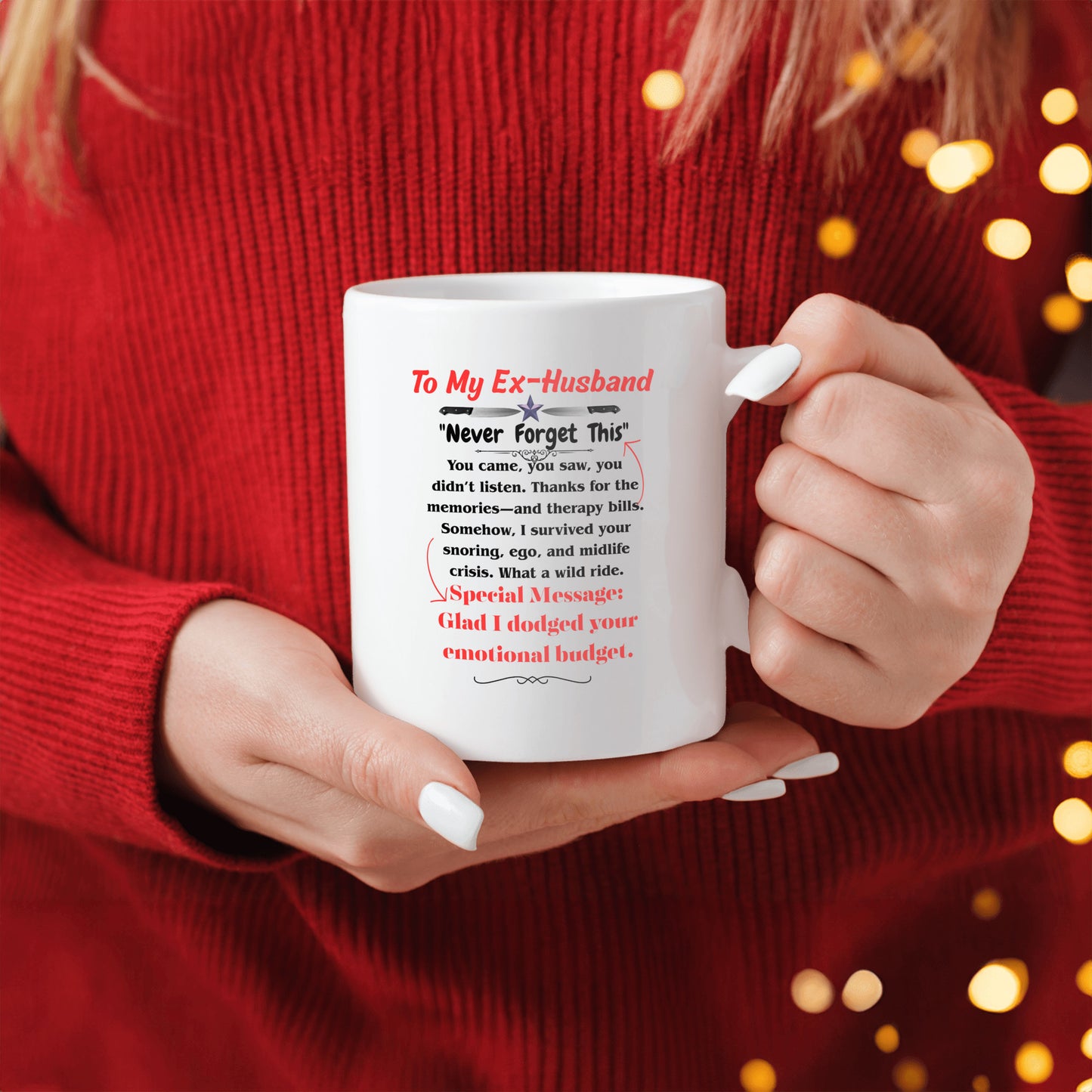 White ceramic mug with bold black text that reads “Should’ve Swiped Left – To My Ex-Husbands,” a funny and edgy gift for divorced women or best friends.