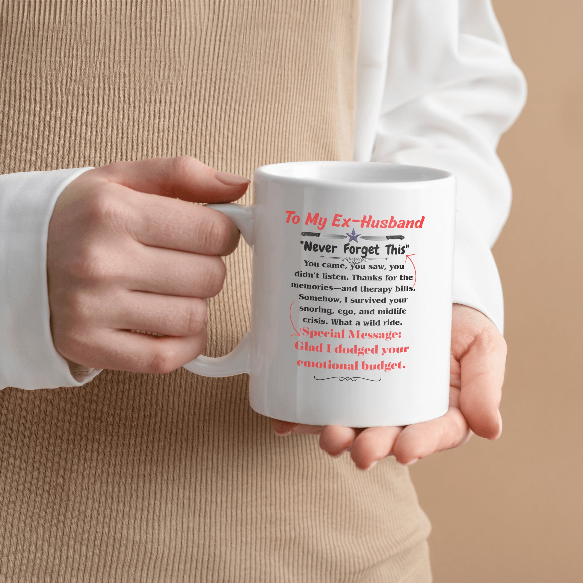 White ceramic mug with bold black text that reads “Should’ve Swiped Left – To My Ex-Husbands,” a funny and edgy gift for divorced women or best friends.