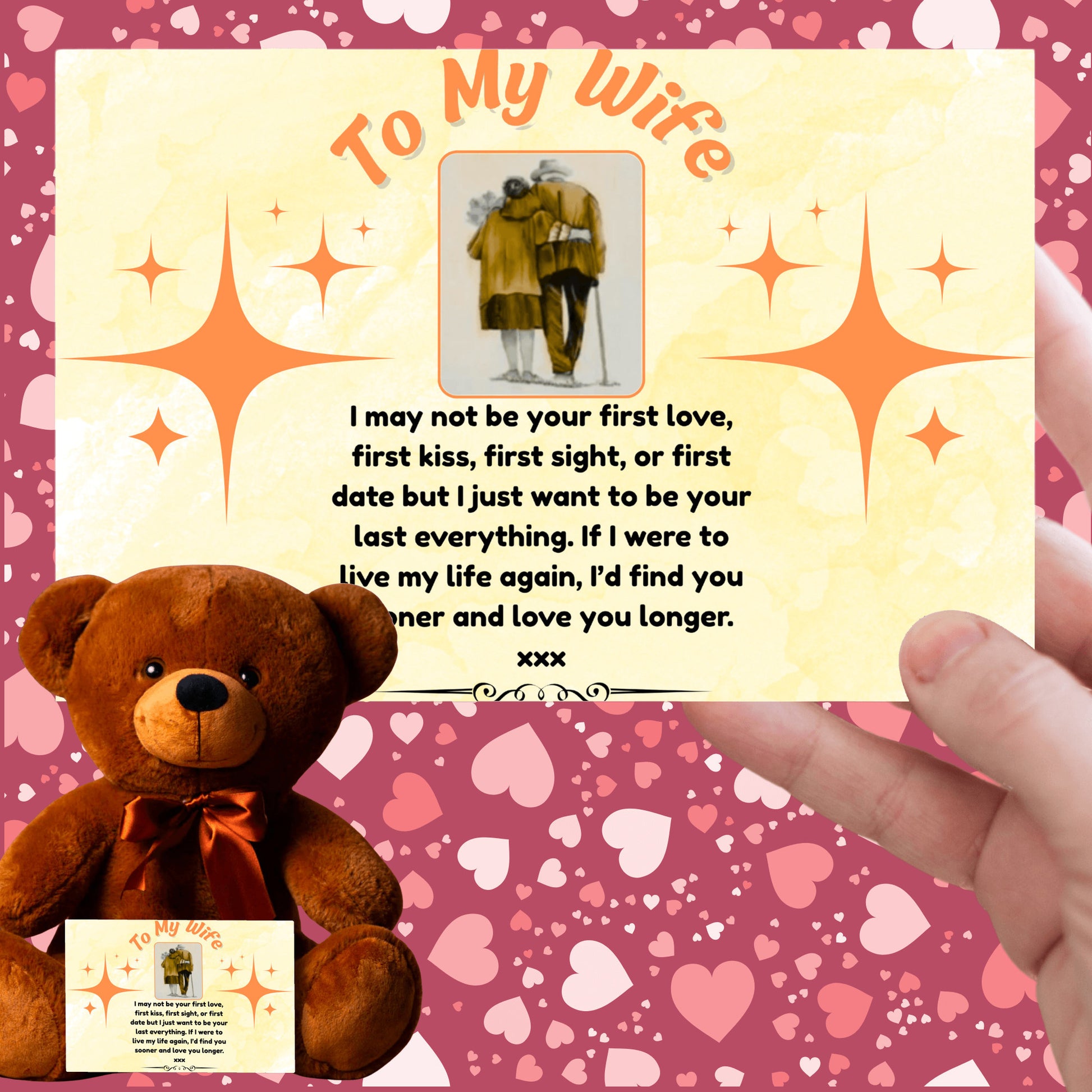 A soft plush teddy bear holding a heart-shaped tag and a printed card titled “To My Wife – Never Forget.” Set on a white gift box surrounded by roses and ribbon.