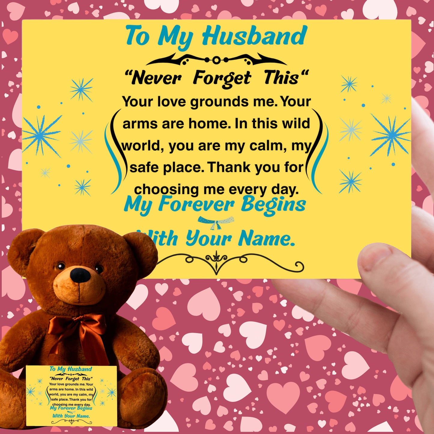 Romantic message plaque titled "To My Husband – My Steady Heartbeat" with a loving short poem and bold design style.