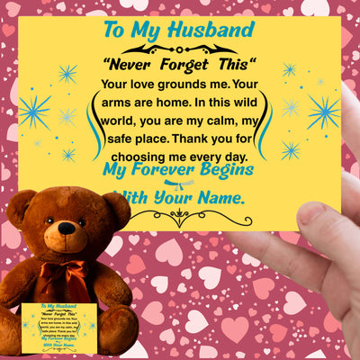 Romantic message plaque titled "To My Husband – My Steady Heartbeat" with a loving short poem and bold design style.