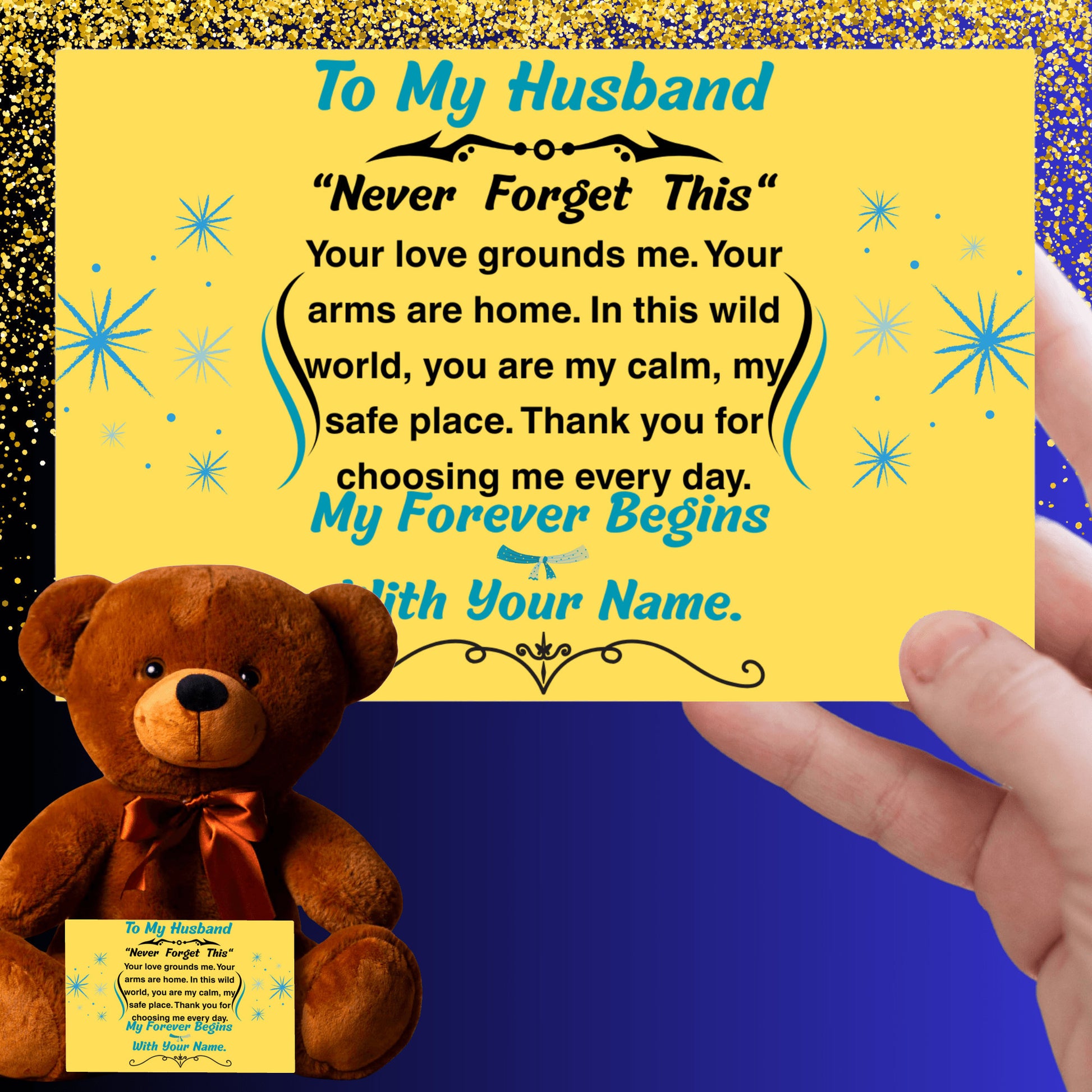Romantic message plaque titled "To My Husband – My Steady Heartbeat" with a loving short poem and bold design style.
