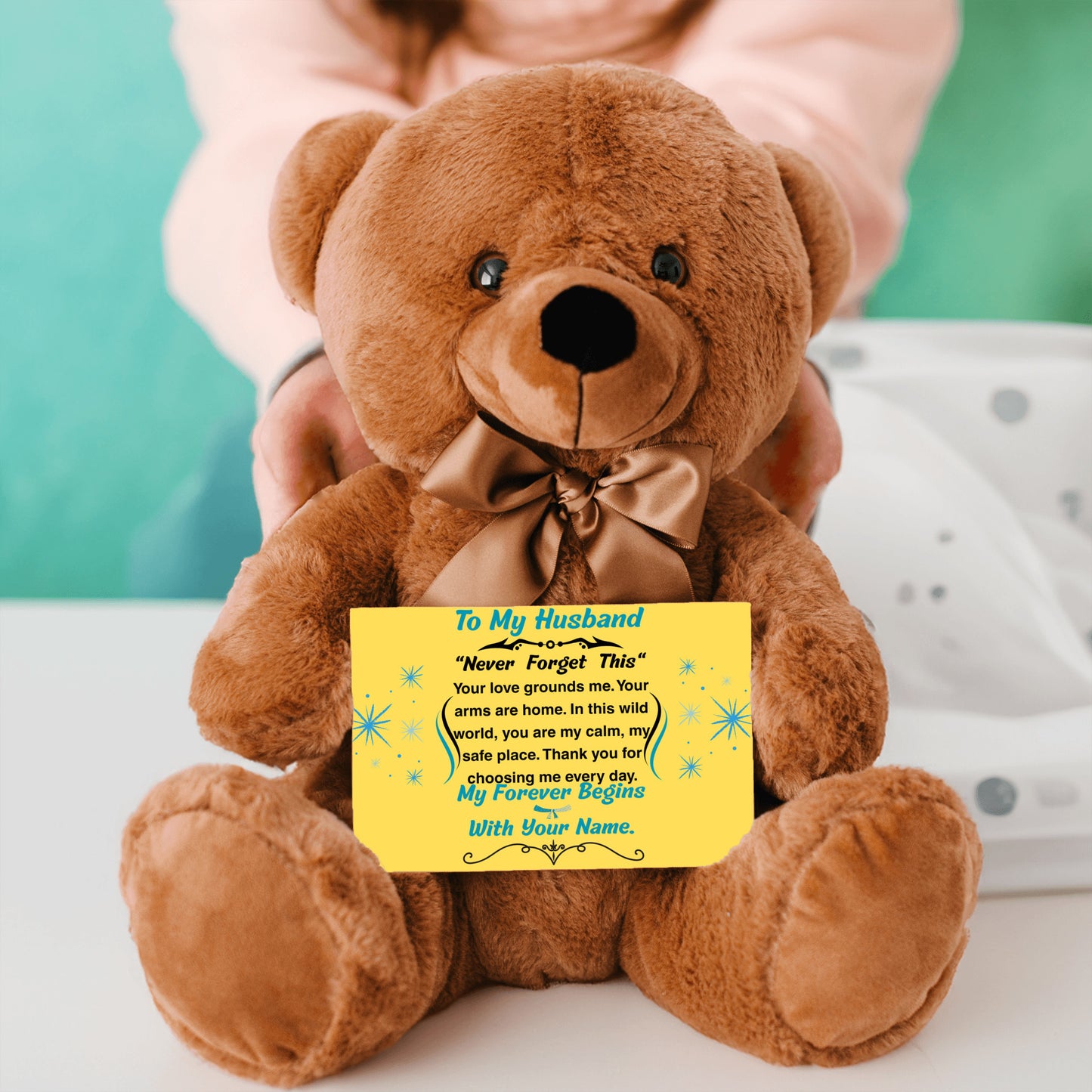 Romantic message plaque titled "To My Husband – My Steady Heartbeat" with a loving short poem and bold design style.