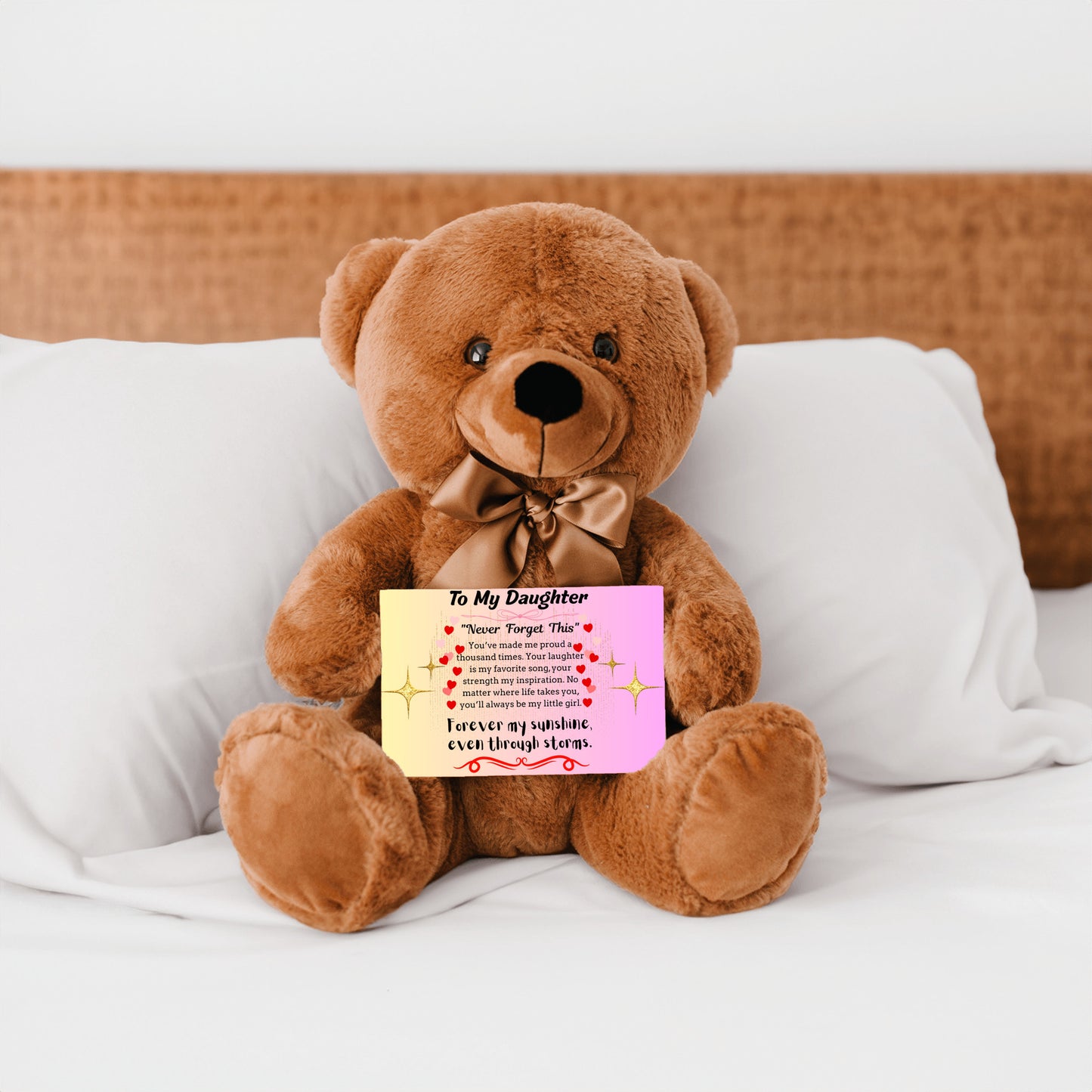 Inspirational poem plaque titled "To My Daughter – My Brightest Light" with floral and playful cartoon elements and a loving message.