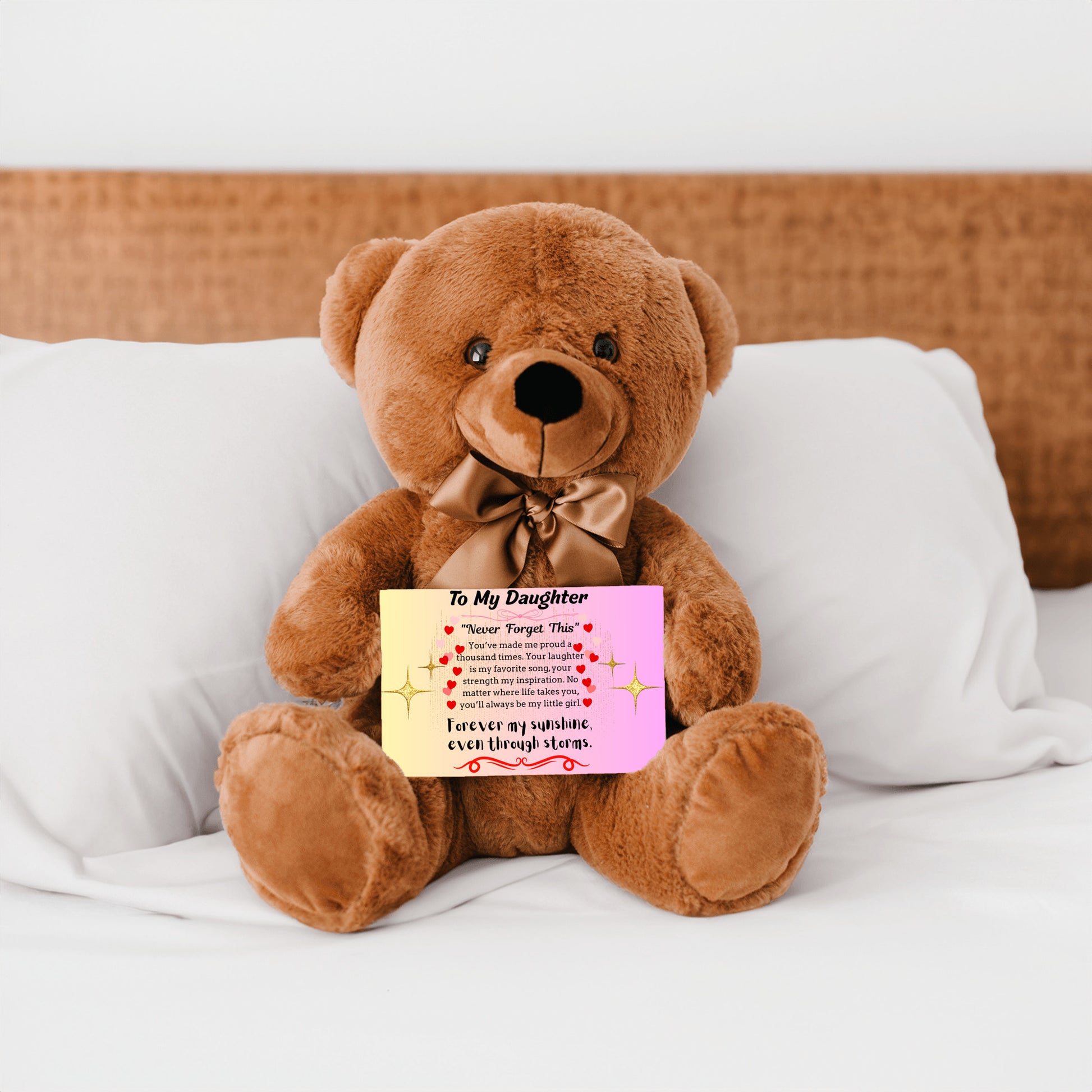 Inspirational poem plaque titled "To My Daughter – My Brightest Light" with floral and playful cartoon elements and a loving message.