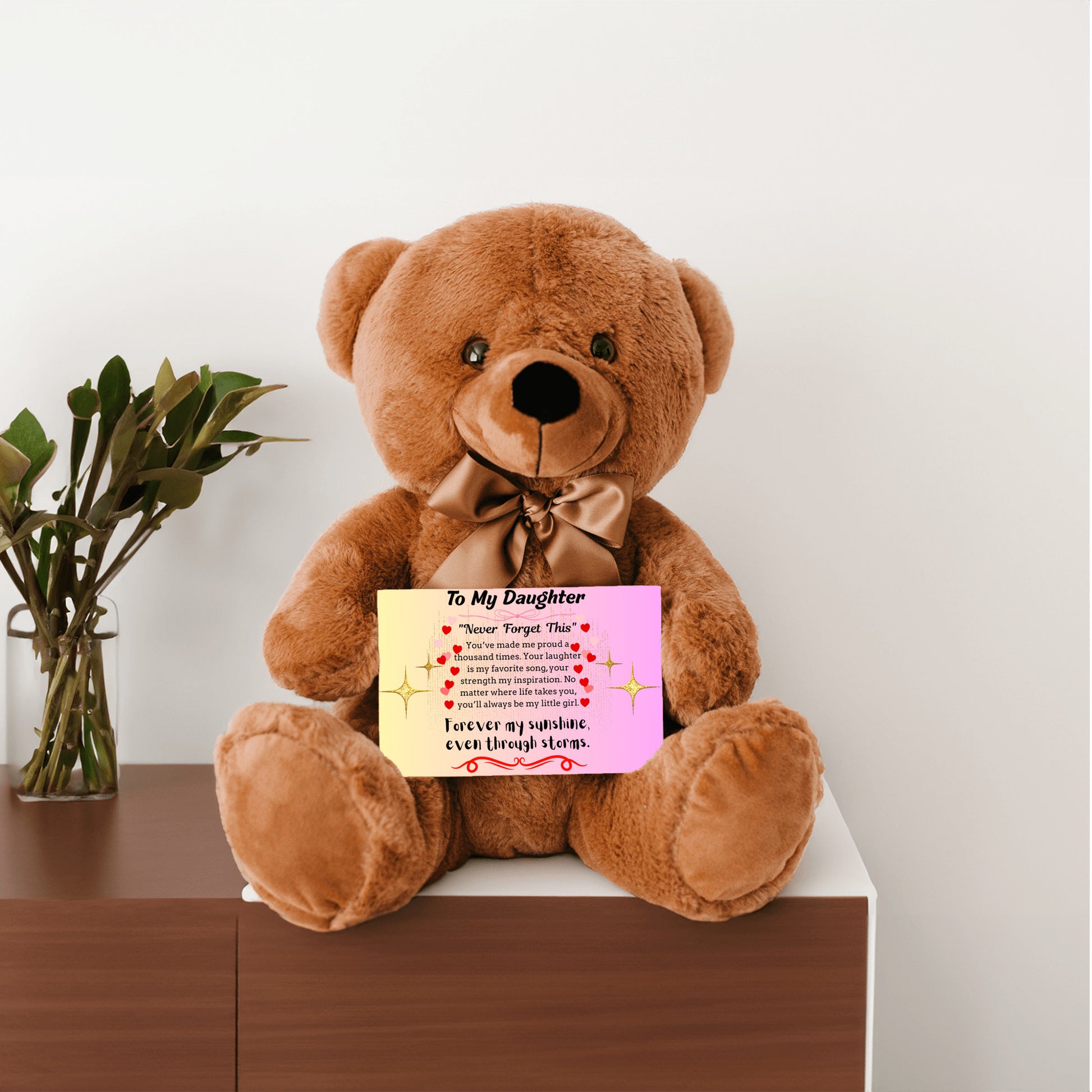 Inspirational poem plaque titled "To My Daughter – My Brightest Light" with floral and playful cartoon elements and a loving message.