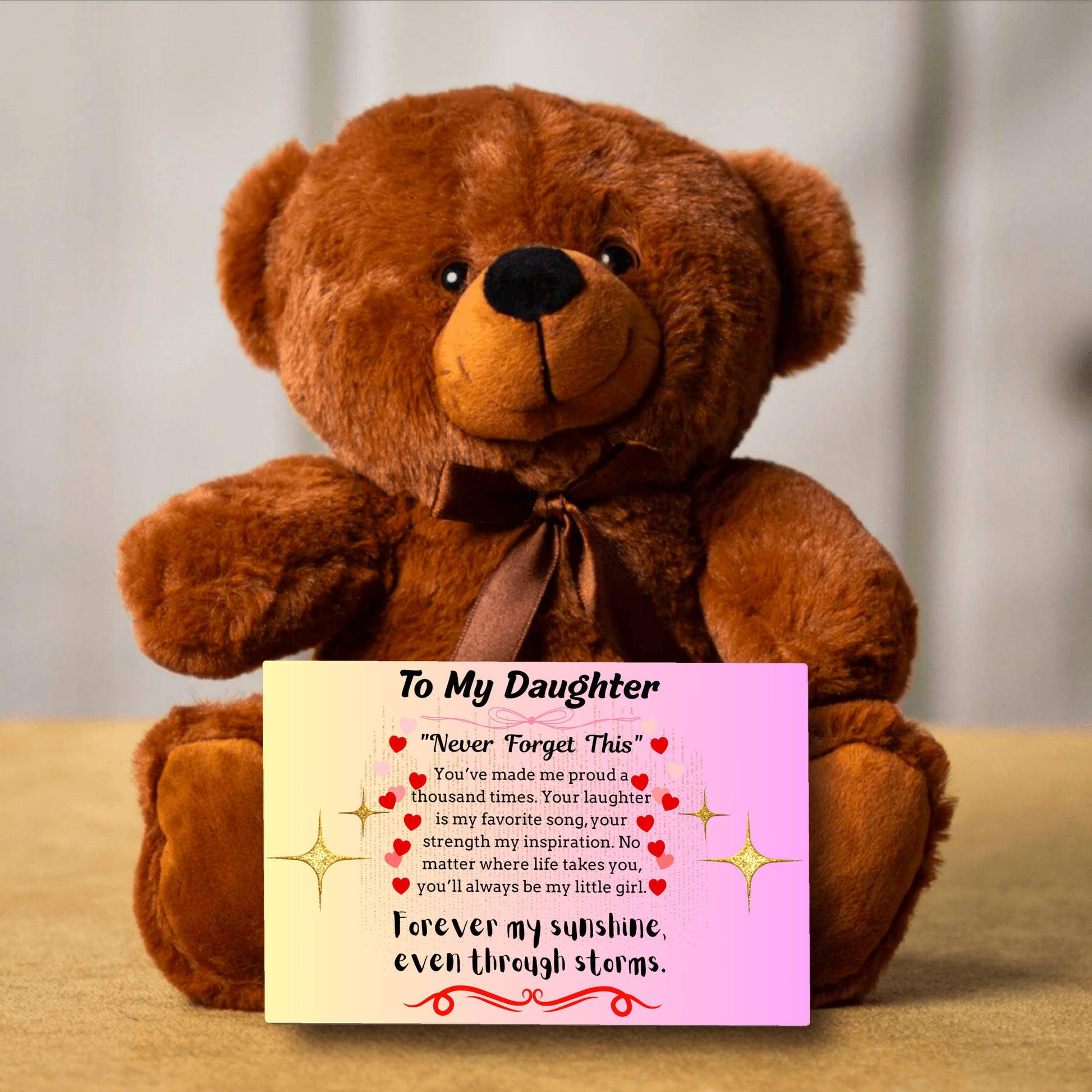 Inspirational poem plaque titled "To My Daughter – My Brightest Light" with floral and playful cartoon elements and a loving message.