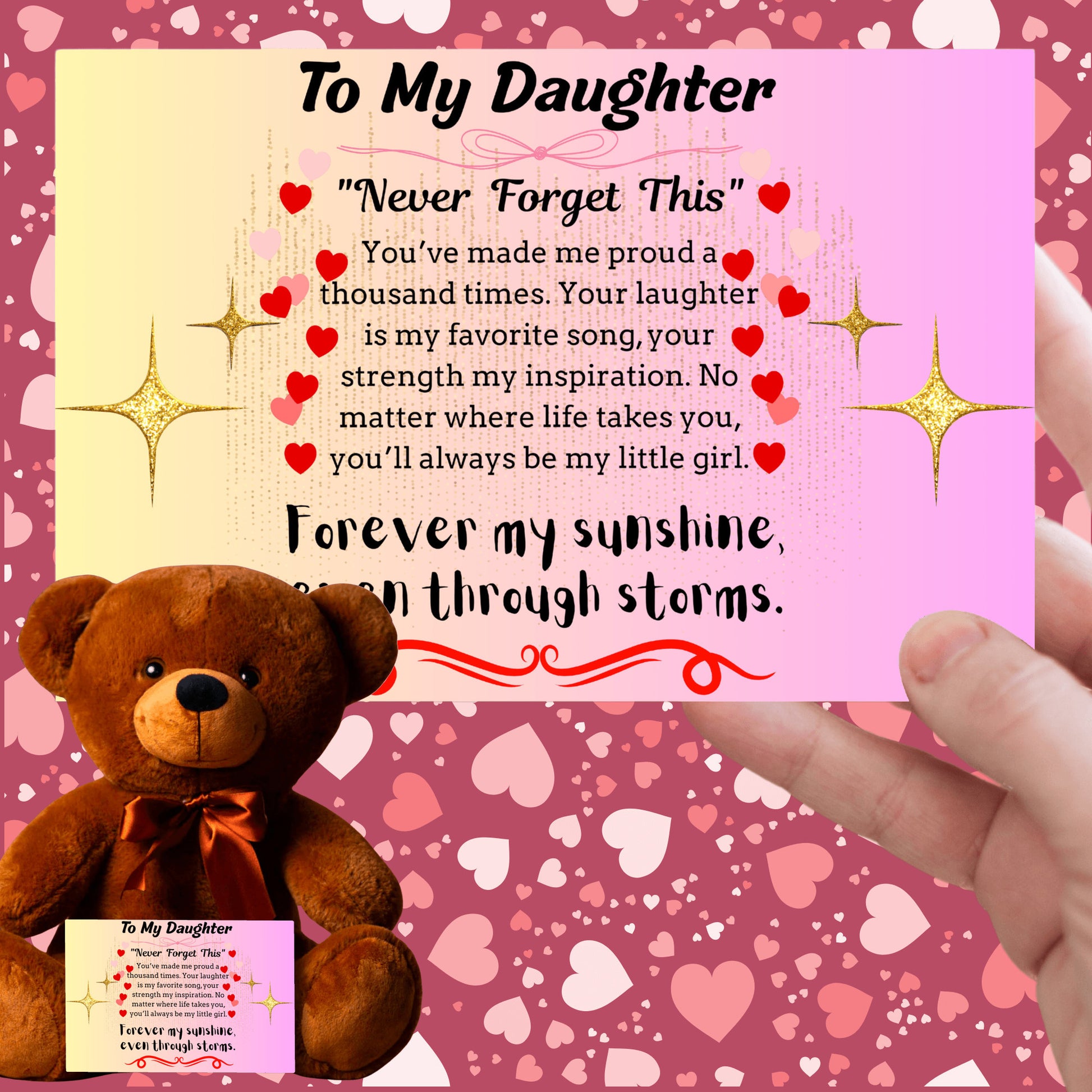 Inspirational poem plaque titled "To My Daughter – My Brightest Light" with floral and playful cartoon elements and a loving message.
