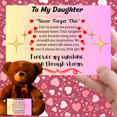 Inspirational poem plaque titled "To My Daughter – My Brightest Light" with floral and playful cartoon elements and a loving message.