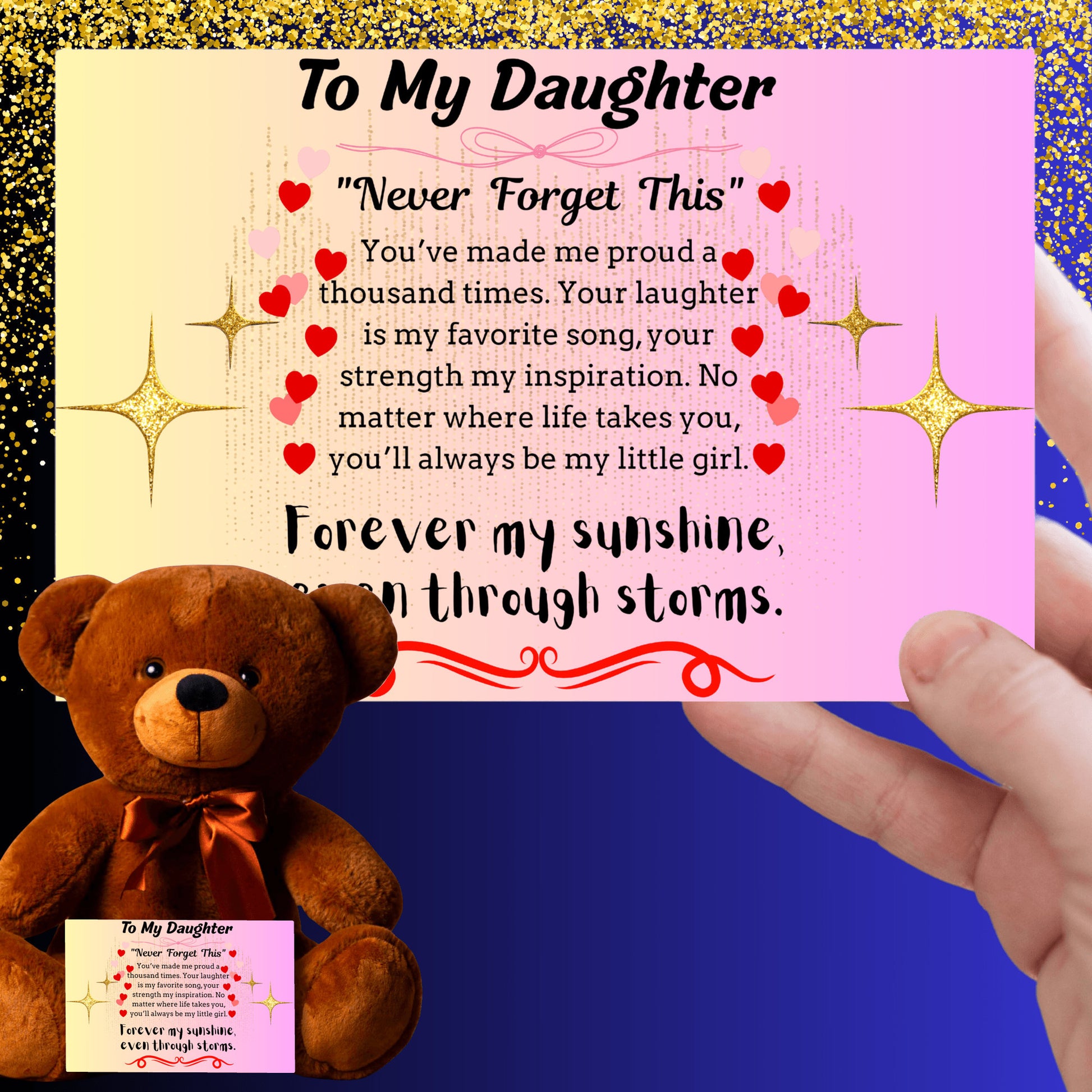 Inspirational poem plaque titled "To My Daughter – My Brightest Light" with floral and playful cartoon elements and a loving message.