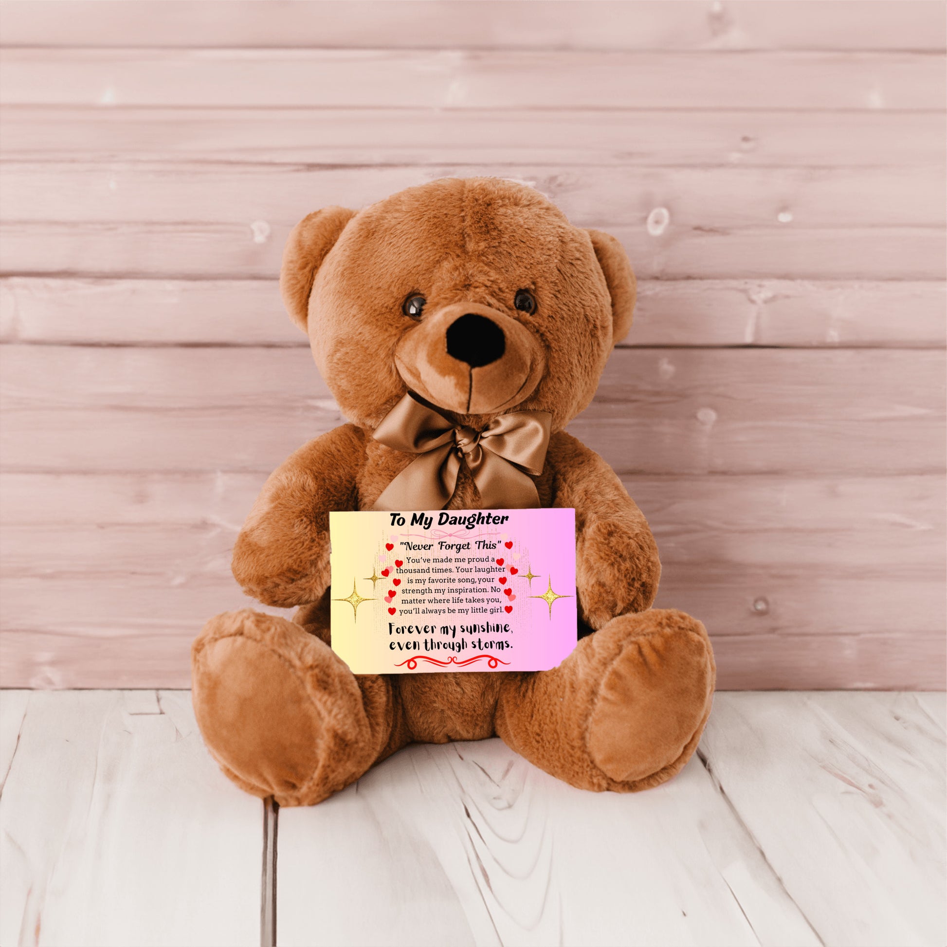 Inspirational poem plaque titled "To My Daughter – My Brightest Light" with floral and playful cartoon elements and a loving message.
