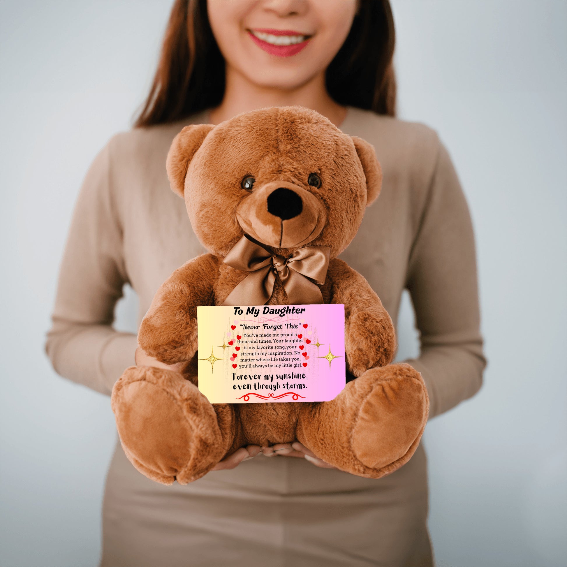 Inspirational poem plaque titled "To My Daughter – My Brightest Light" with floral and playful cartoon elements and a loving message.