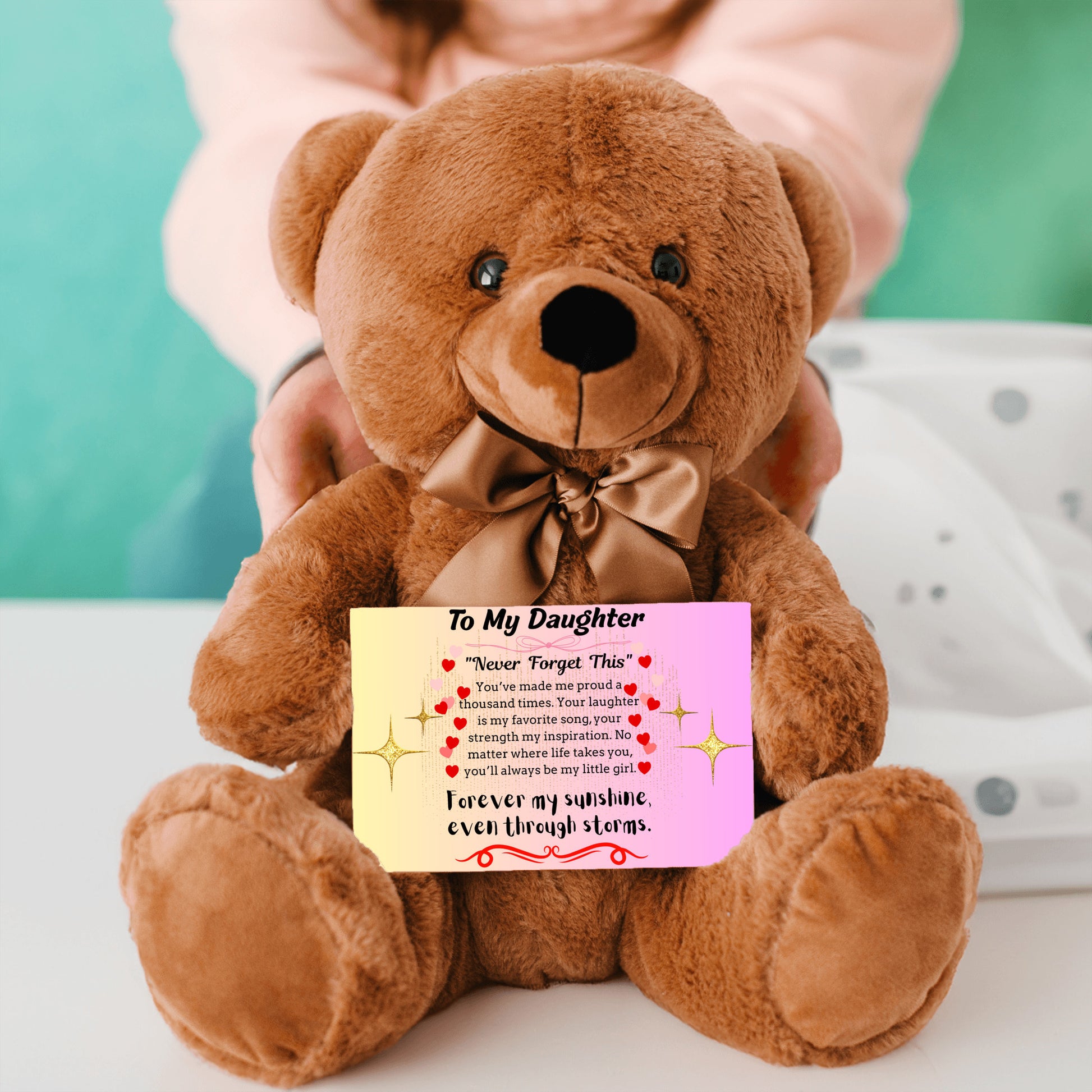 Inspirational poem plaque titled "To My Daughter – My Brightest Light" with floral and playful cartoon elements and a loving message.