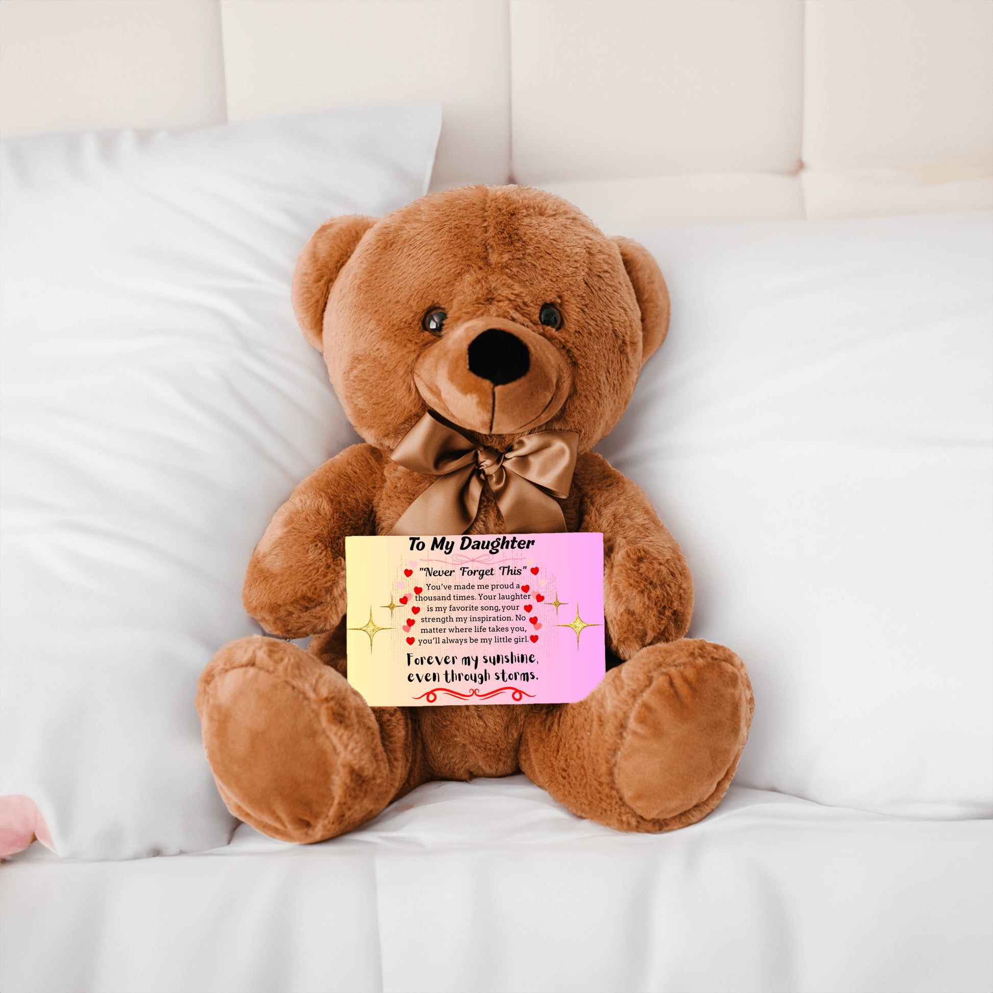 Inspirational poem plaque titled "To My Daughter – My Brightest Light" with floral and playful cartoon elements and a loving message.