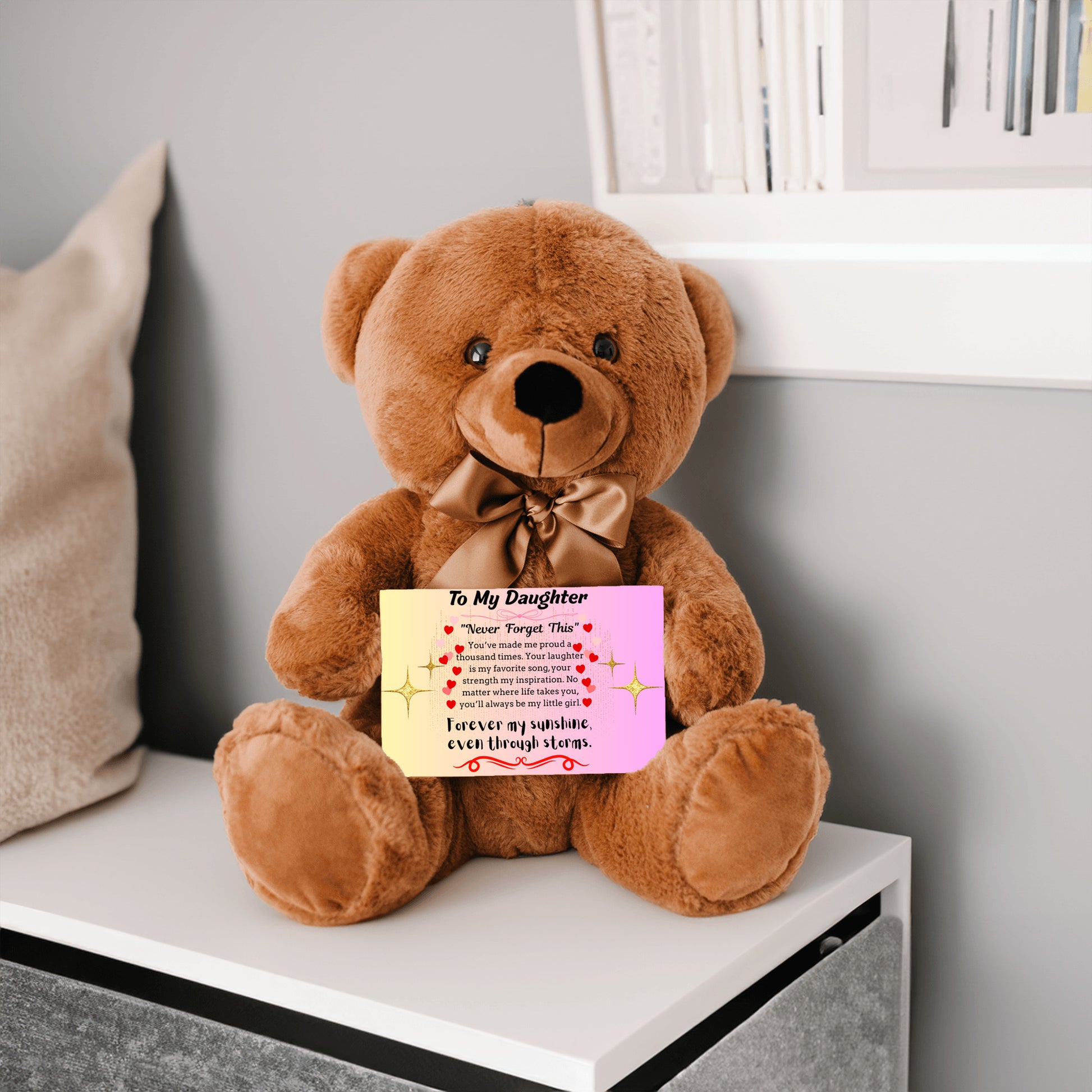 Inspirational poem plaque titled "To My Daughter – My Brightest Light" with floral and playful cartoon elements and a loving message.