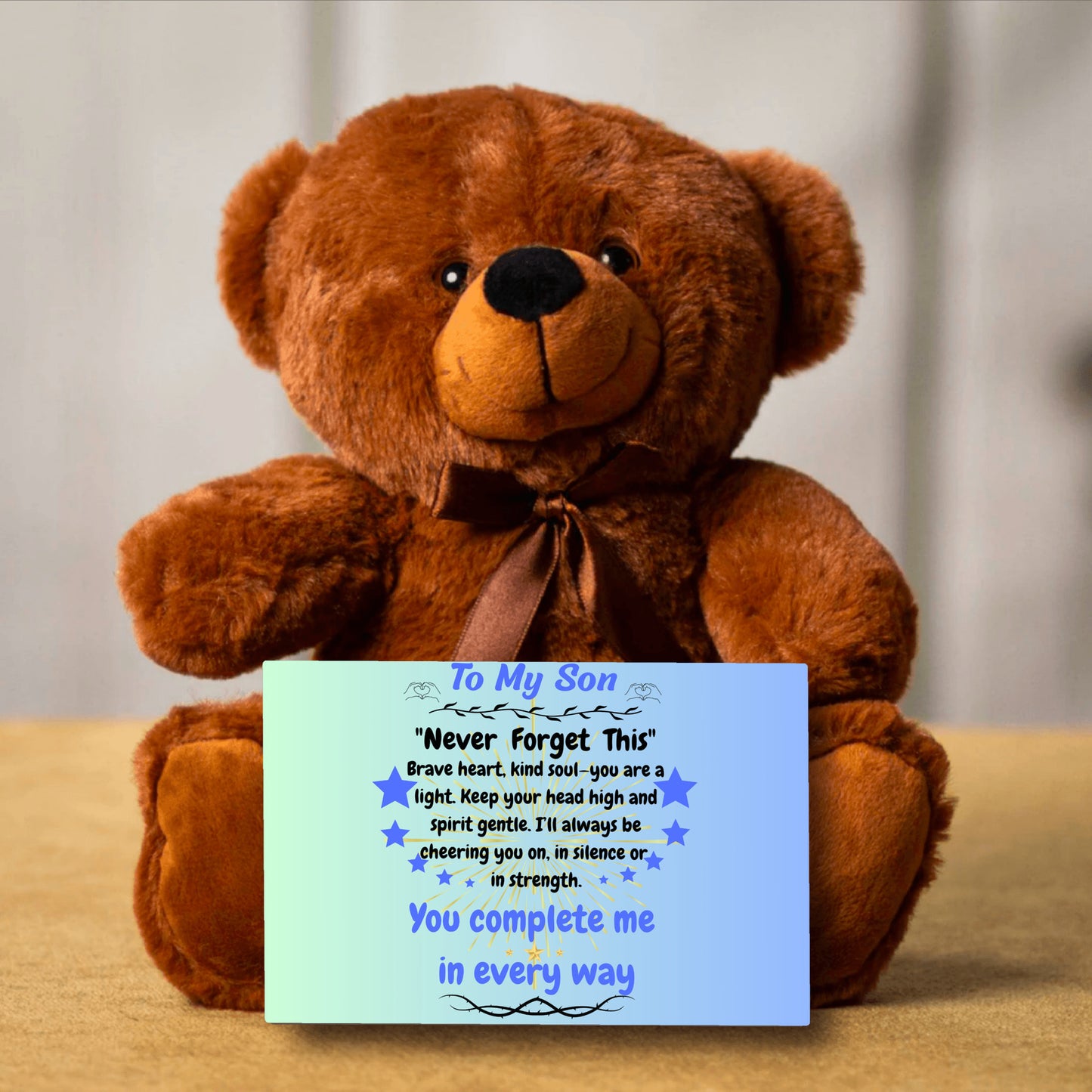 Poem plaque titled "To My Son – My Greatest Gift" featuring a strong, heartfelt message in a bold, comic-style design with warm background.
