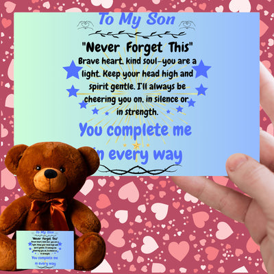 Poem plaque titled "To My Son – My Greatest Gift" featuring a strong, heartfelt message in a bold, comic-style design with warm background.