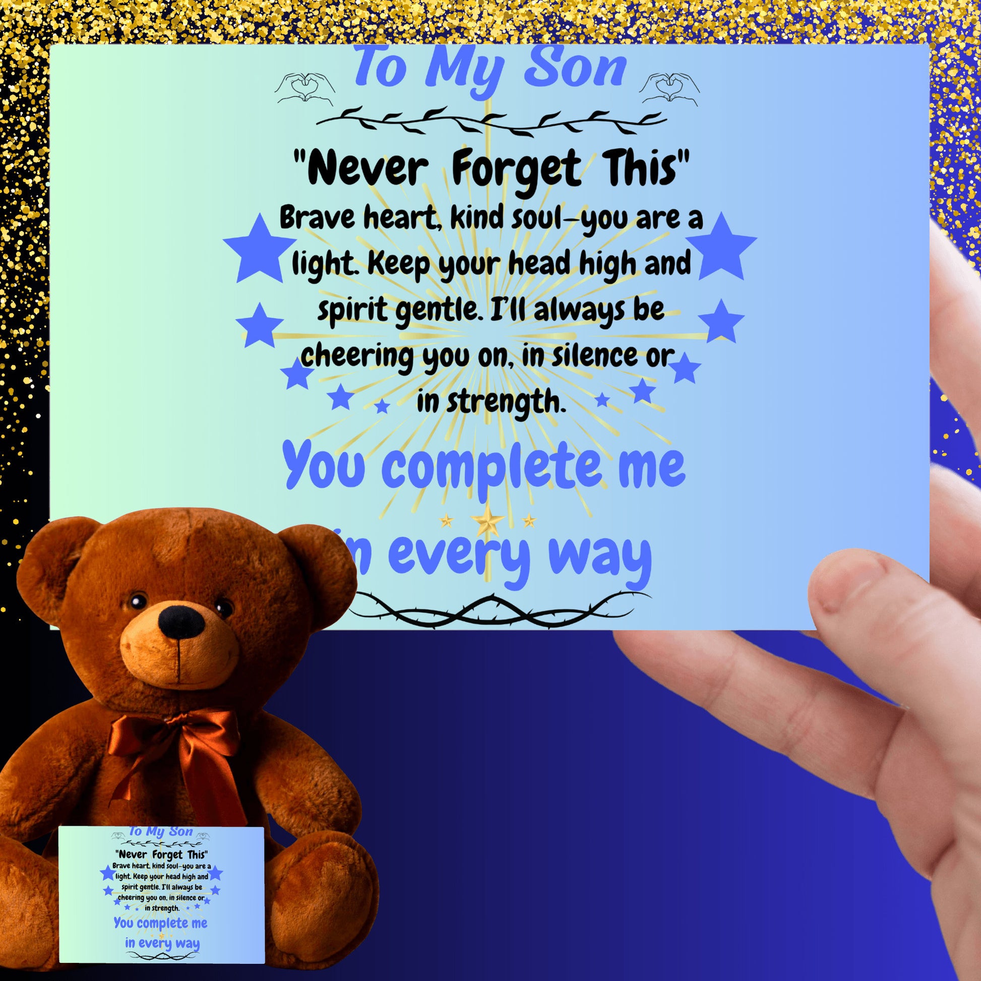 Poem plaque titled "To My Son – My Greatest Gift" featuring a strong, heartfelt message in a bold, comic-style design with warm background.