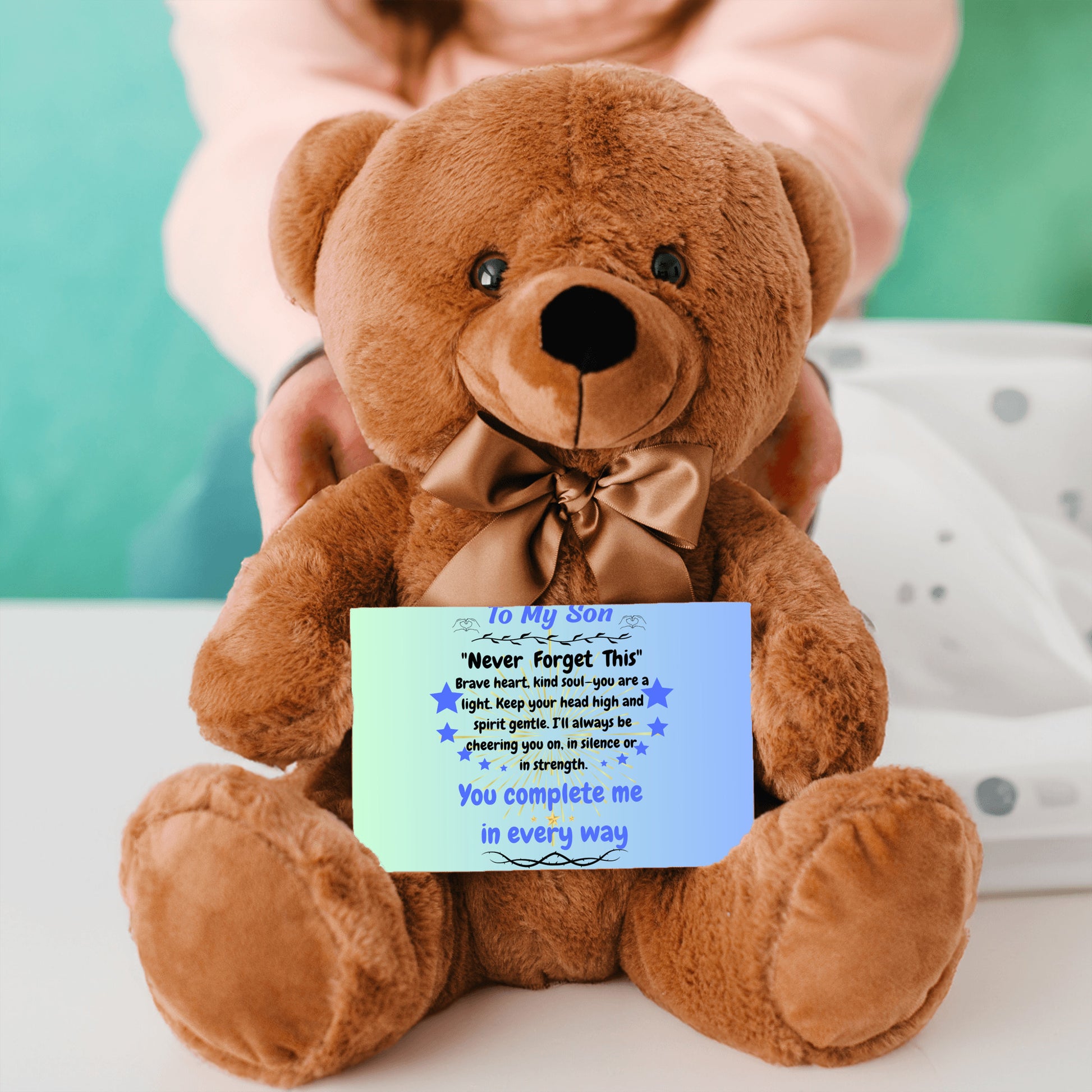 Poem plaque titled "To My Son – My Greatest Gift" featuring a strong, heartfelt message in a bold, comic-style design with warm background.