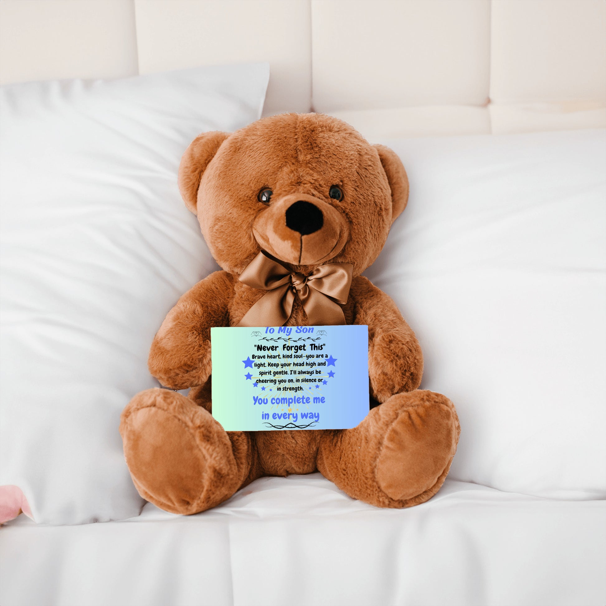 Poem plaque titled "To My Son – My Greatest Gift" featuring a strong, heartfelt message in a bold, comic-style design with warm background.