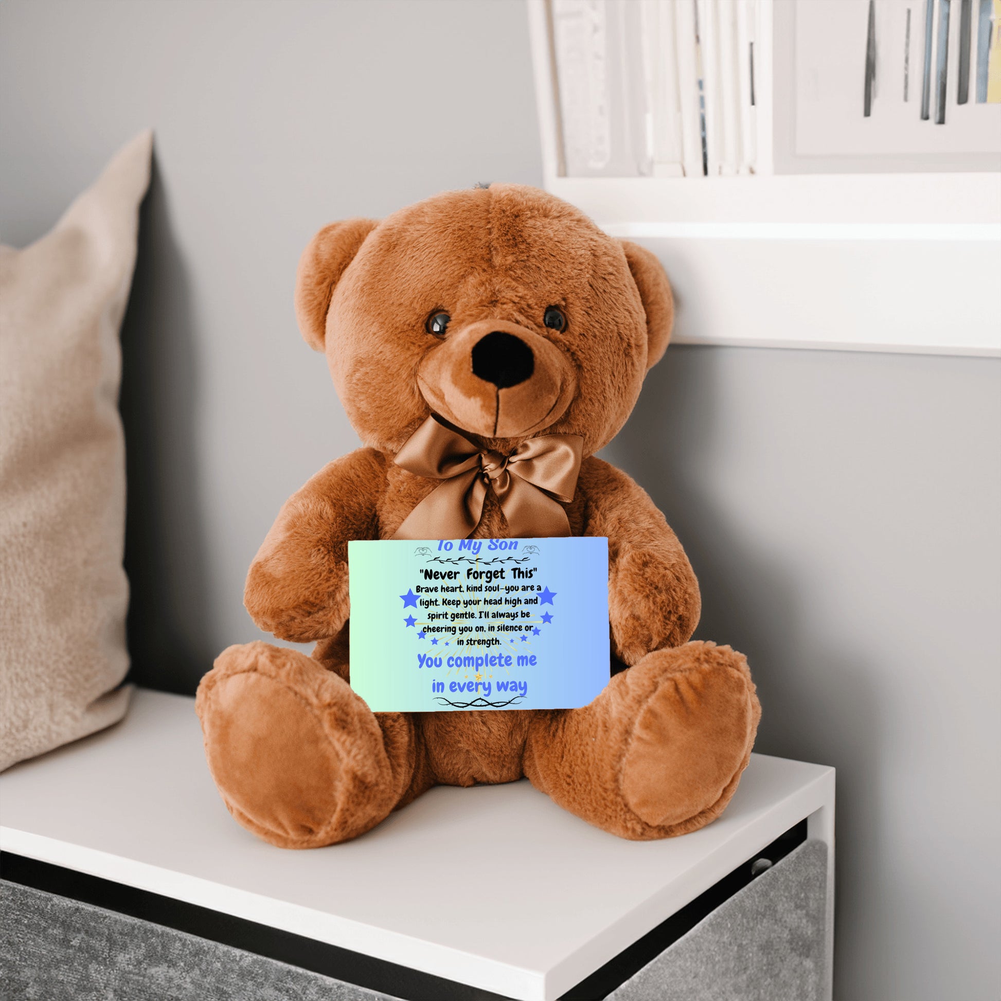 Poem plaque titled "To My Son – My Greatest Gift" featuring a strong, heartfelt message in a bold, comic-style design with warm background.
