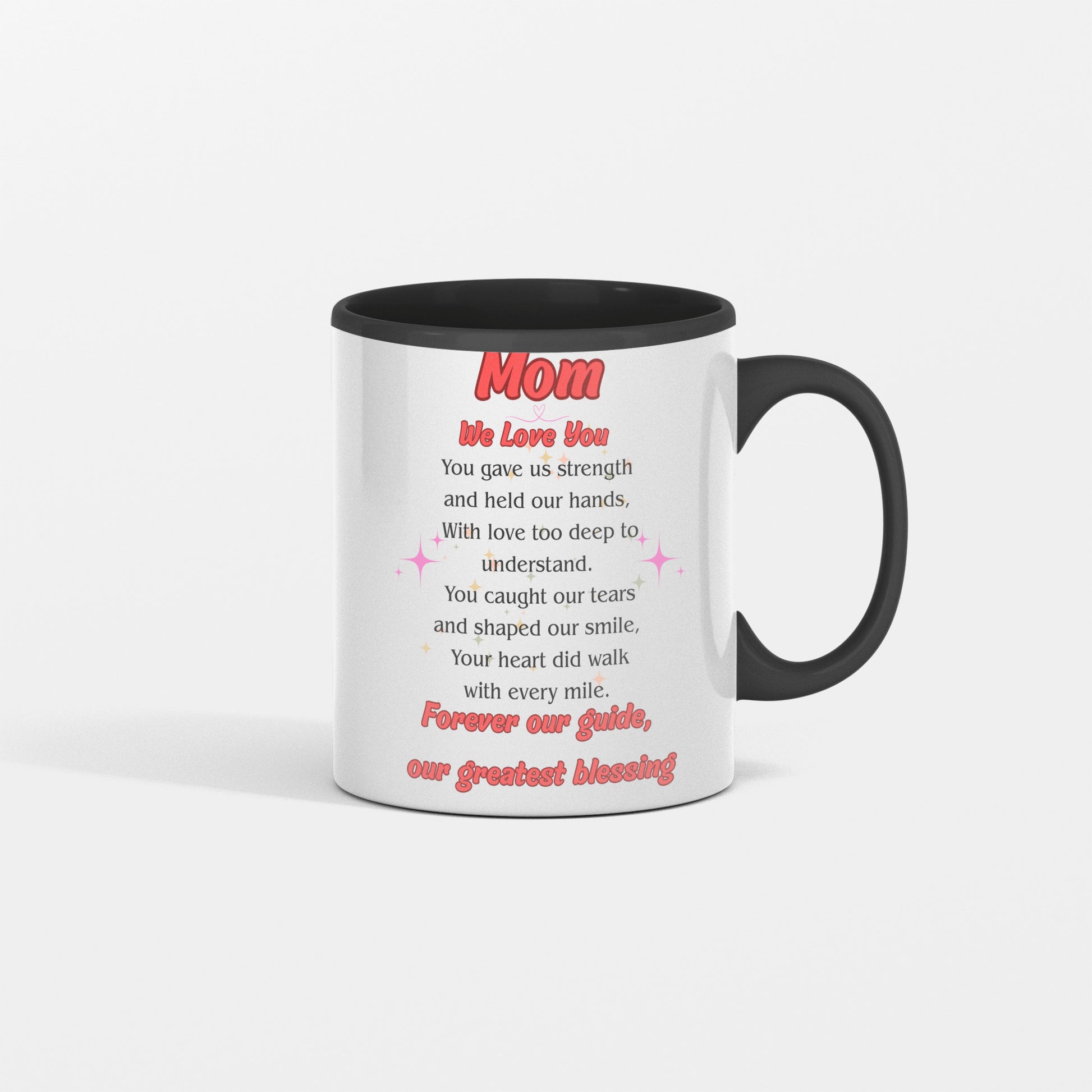 White ceramic coffee mug with the heartfelt quote “MOM, OUR GREATEST BLESSING” in elegant script – perfect for Mother’s Day or daily appreciation.