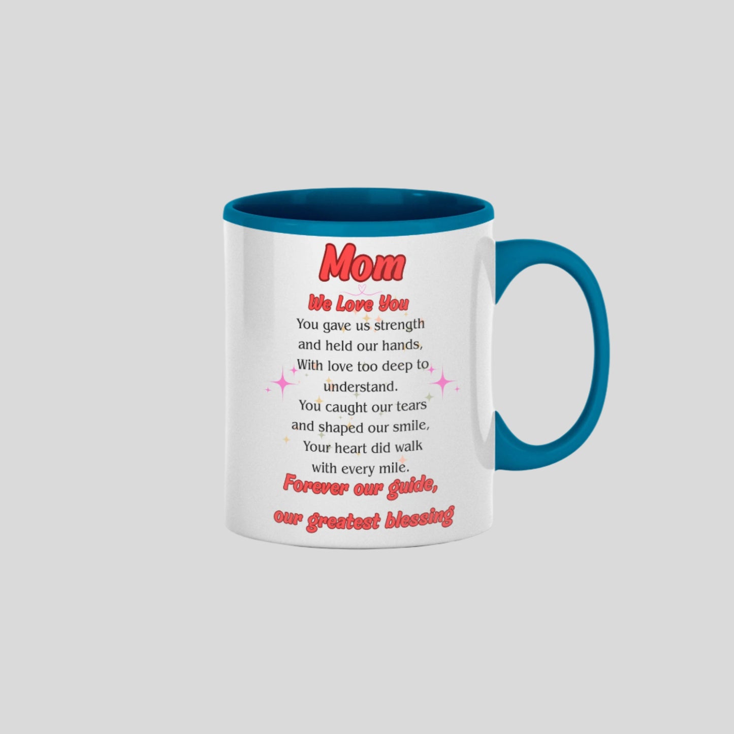 White ceramic coffee mug with the heartfelt quote “MOM, OUR GREATEST BLESSING” in elegant script – perfect for Mother’s Day or daily appreciation.
