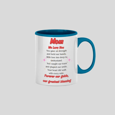 White ceramic coffee mug with the heartfelt quote “MOM, OUR GREATEST BLESSING” in elegant script – perfect for Mother’s Day or daily appreciation.
