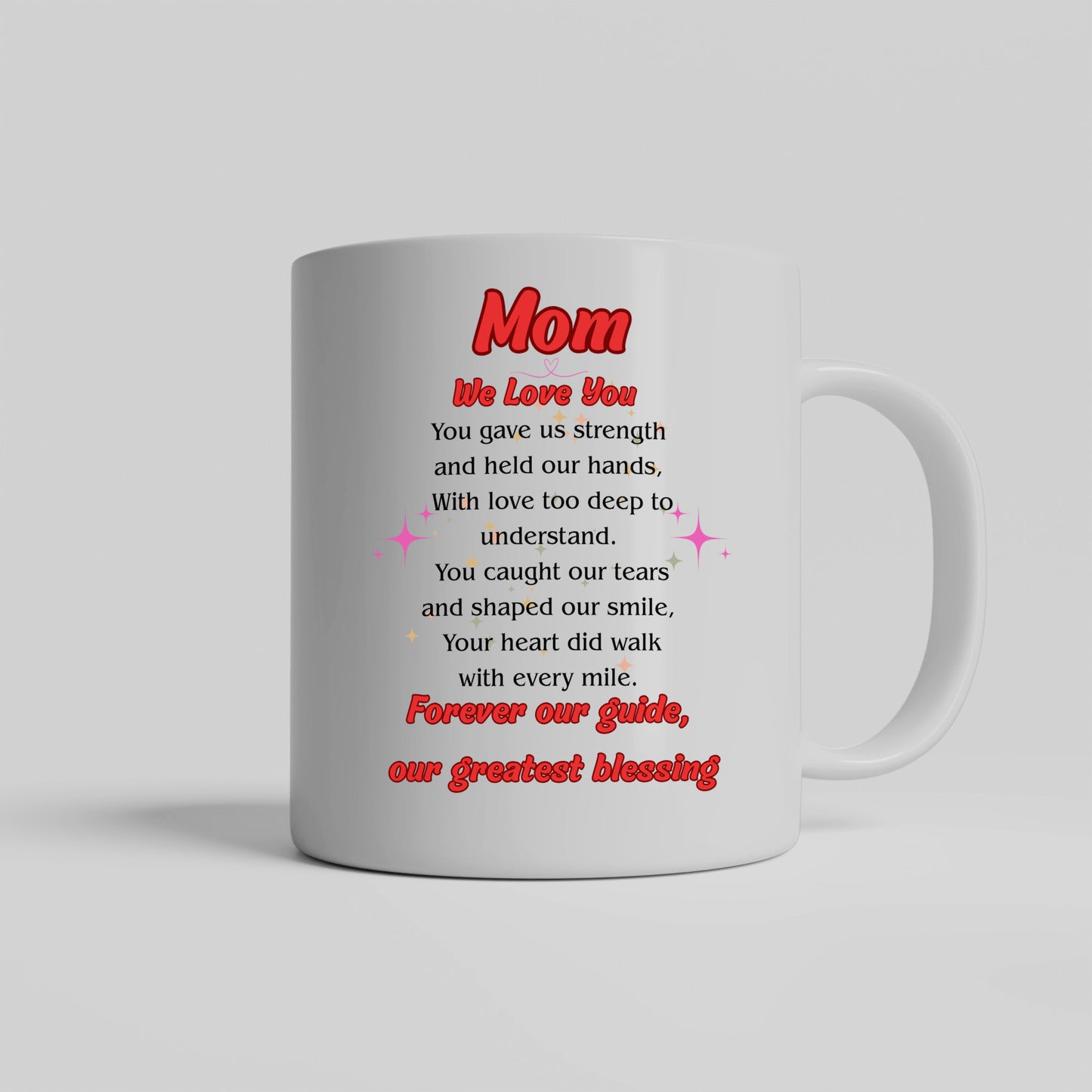 White ceramic coffee mug with the heartfelt quote “MOM, OUR GREATEST BLESSING” in elegant script – perfect for Mother’s Day or daily appreciation.