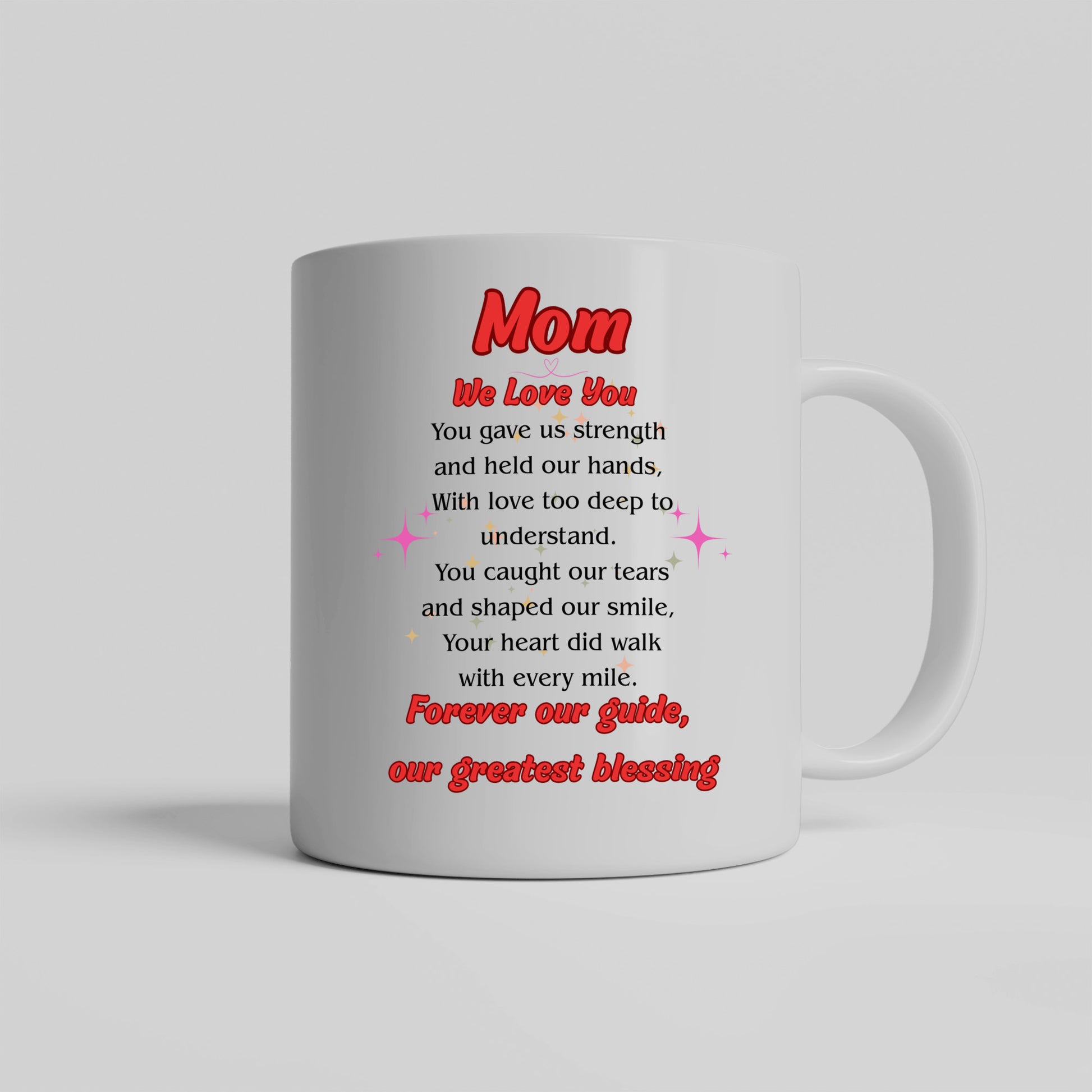 White ceramic coffee mug with the heartfelt quote “MOM, OUR GREATEST BLESSING” in elegant script – perfect for Mother’s Day or daily appreciation.