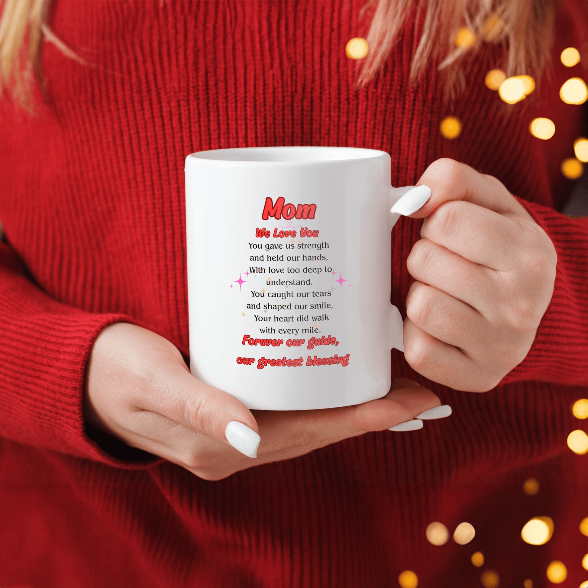 White ceramic coffee mug with the heartfelt quote “MOM, OUR GREATEST BLESSING” in elegant script – perfect for Mother’s Day or daily appreciation.