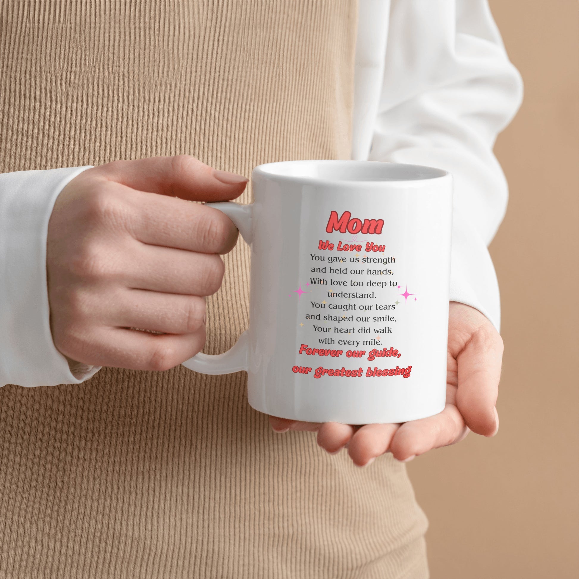 White ceramic coffee mug with the heartfelt quote “MOM, OUR GREATEST BLESSING” in elegant script – perfect for Mother’s Day or daily appreciation.