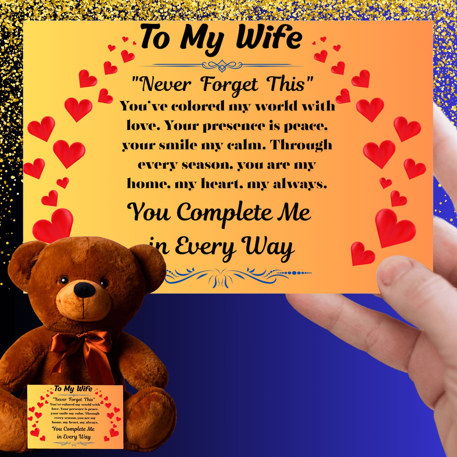 Romantic message card titled "To My Wife" featuring a heartfelt poem and soft decorative elements, expressing deep love and appreciation for a devoted partner.