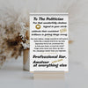 Comic-style poster or card titled “To The Politician,” with patriotic flair, loud fonts, and a sarcastic roast poem skewering the art of empty promises.