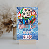 Bold graphic design featuring “WORLD CUP USA 2026” in patriotic red, white, and blue with a humorous or high-energy soccer theme.

