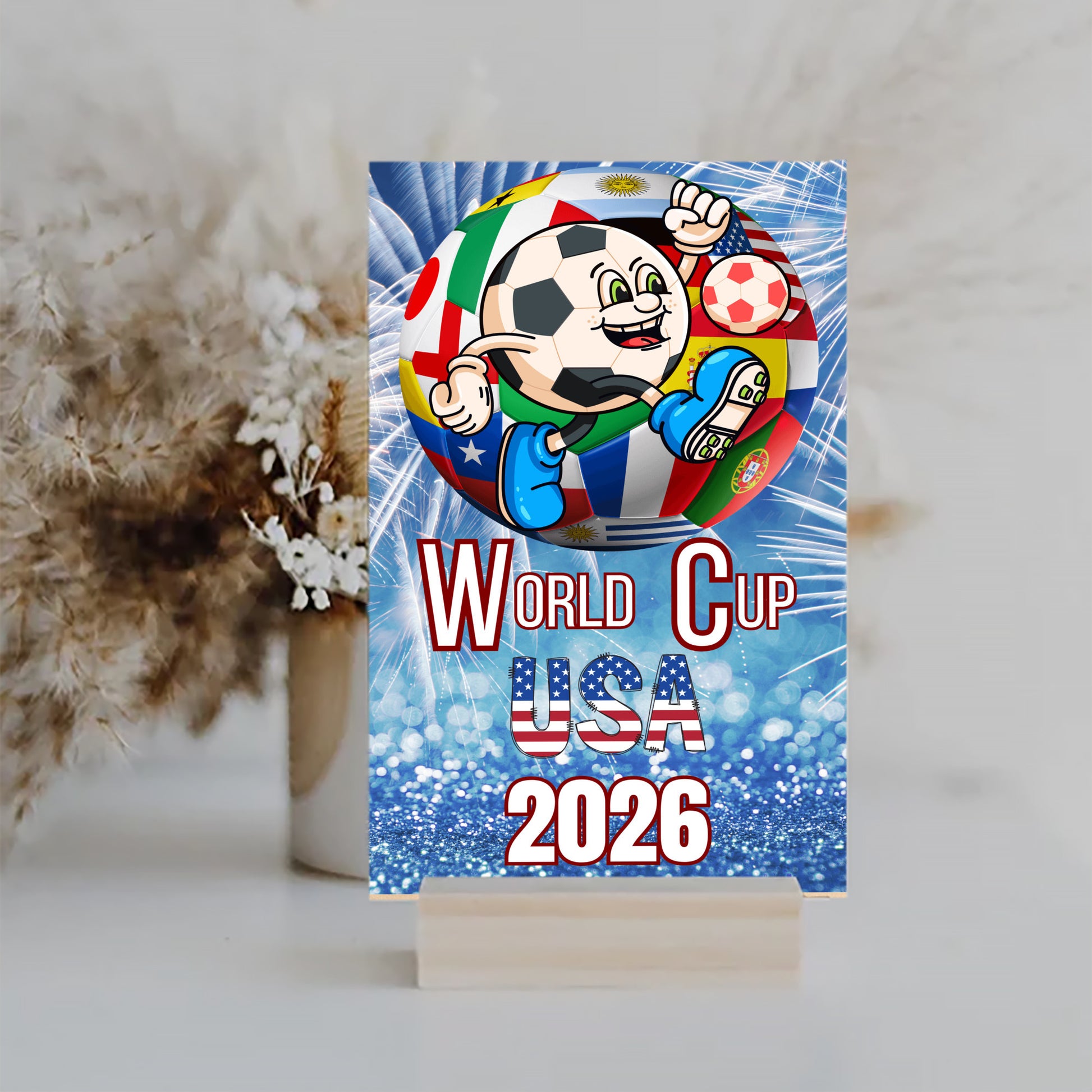 Bold graphic design featuring “WORLD CUP USA 2026” in patriotic red, white, and blue with a humorous or high-energy soccer theme.

